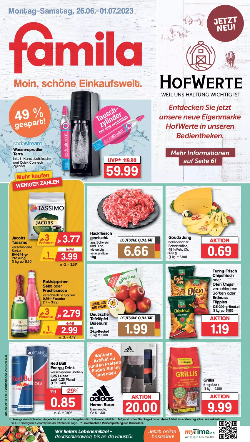 Aktueller Prospekt Famila - Prospekte - von 26.06 bis 01.07.2023 - strona 1 - produkty: angebot, angebote, aust, Bau, baumwolle, beutel, chips, chipsfrisch, decke, drink, ecco, eis, elle, energy drink, erdnuss, flasche, fleisch, flippies, frucht, fruchtsecco, funny-frisch, gouda, gouda jung, grill, hackfleisch, hackfleisch gemischt, holländischer schnittkäse, jacobs, jacobs tassimo, Käse, lebensmittel, nuss, Ofen, red bull, reis, rind, rotkäppchen, rwe, sac, schnittkäse, schwein, schwein und rind, sekt, sim, tafeläpfel, tassimo, teller, Ti, wasser, wassersprudler, wein, wolle, ZTE