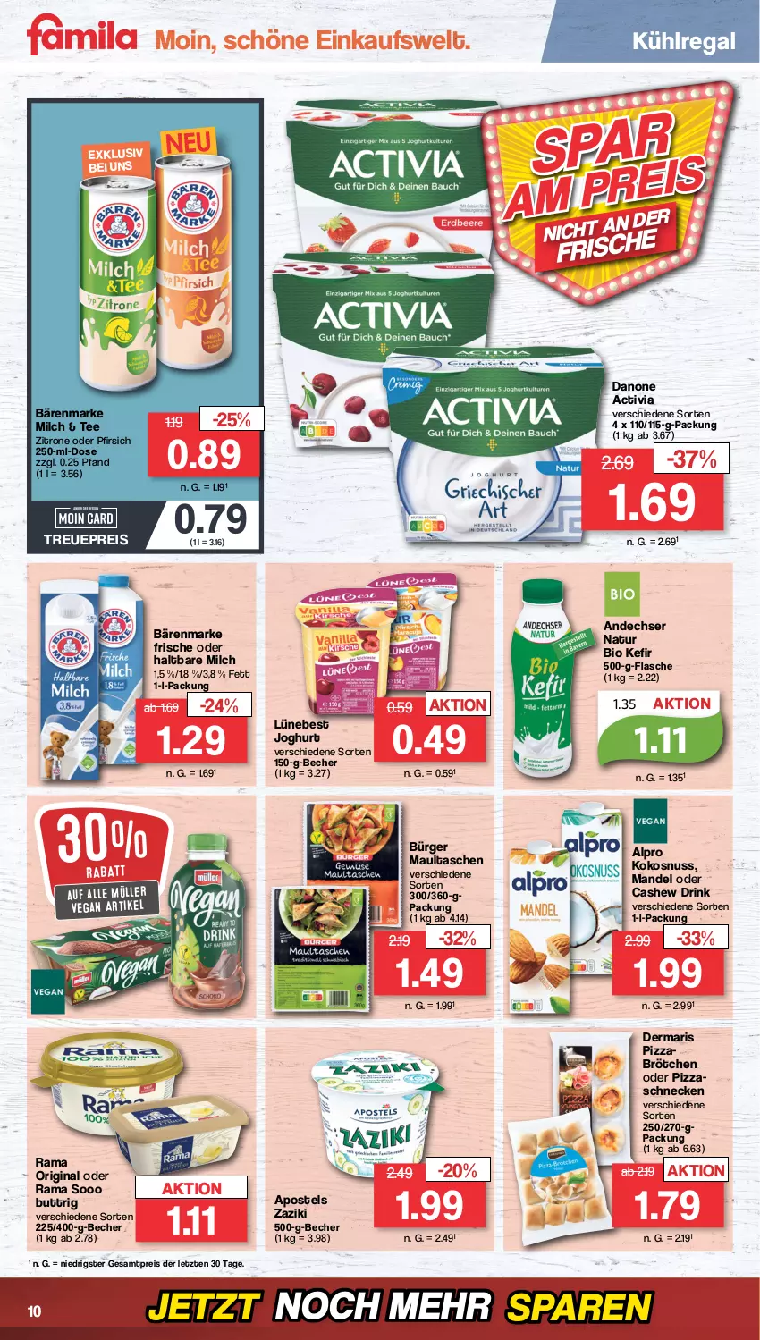 Aktueller Prospekt Famila - Prospekte - von 26.06 bis 01.07.2023 - strona 10 - produkty: activia, alpro, andechser natur, apostels, bärenmarke, Becher, bio, brötchen, Cashew, danone, danone activia, drink, eis, flasche, gin, haltbare milch, joghur, joghurt, Kefir, kokos, kokosnuss, kühlregal, mandel, maultaschen, milch, Müller, natur, nuss, pfirsich, pizza, rama, regal, reis, Tasche, taschen, tee, Ti, zaziki, zitrone, ZTE