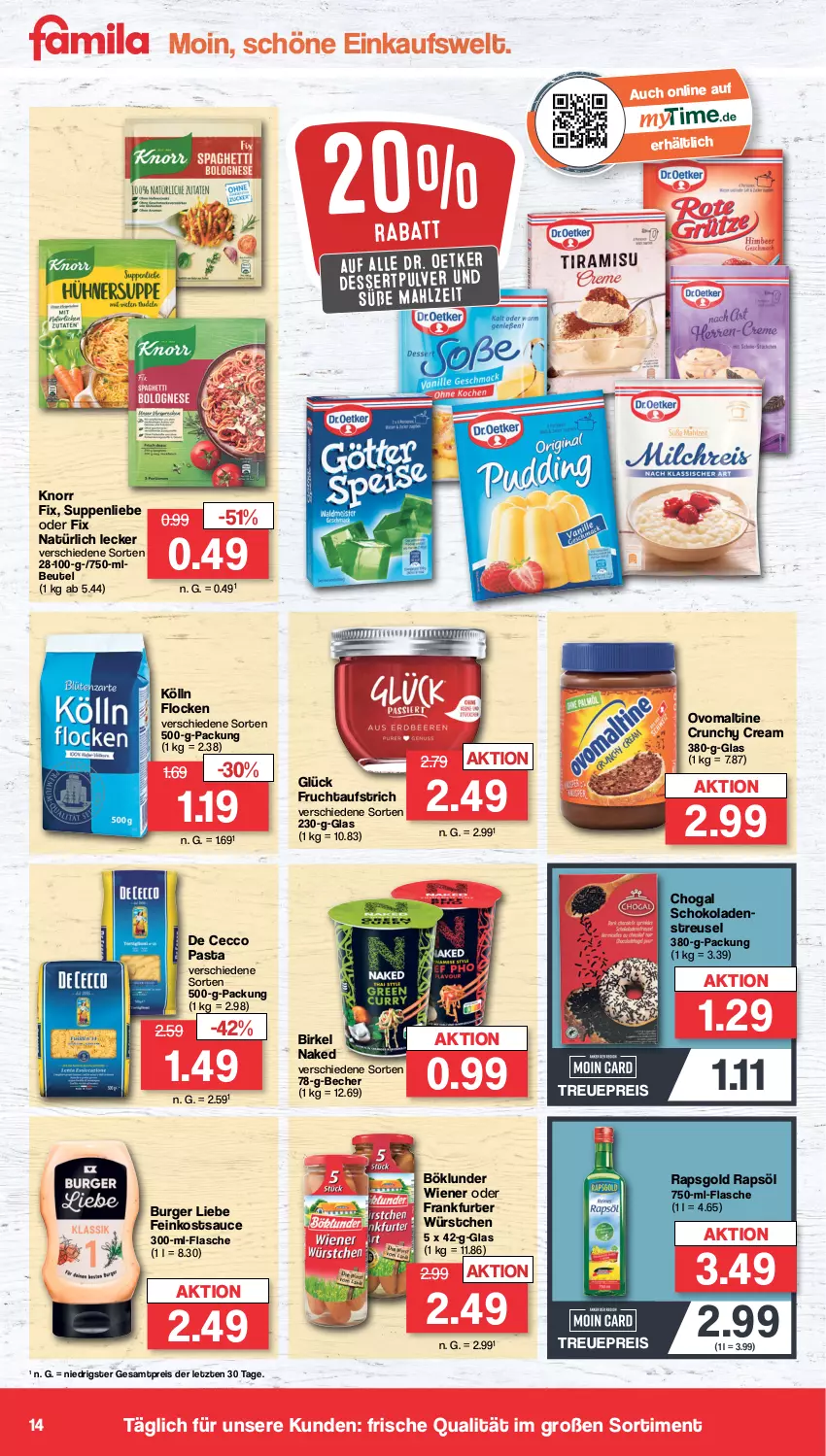 Aktueller Prospekt Famila - Prospekte - von 26.06 bis 01.07.2023 - strona 14 - produkty: aufstrich, Becher, beutel, birkel, böklunder, burger, De Cecco, dessert, Dr. Oetker, ecco, eis, feinkost, flasche, frankfurter, frucht, fruchtaufstrich, knorr, knorr fix, kölln, ovomaltine, pasta, rapsöl, reis, sauce, schoko, schokolade, schokoladen, suppe, suppen, suppenliebe, Ti, wiener, würstchen, ZTE