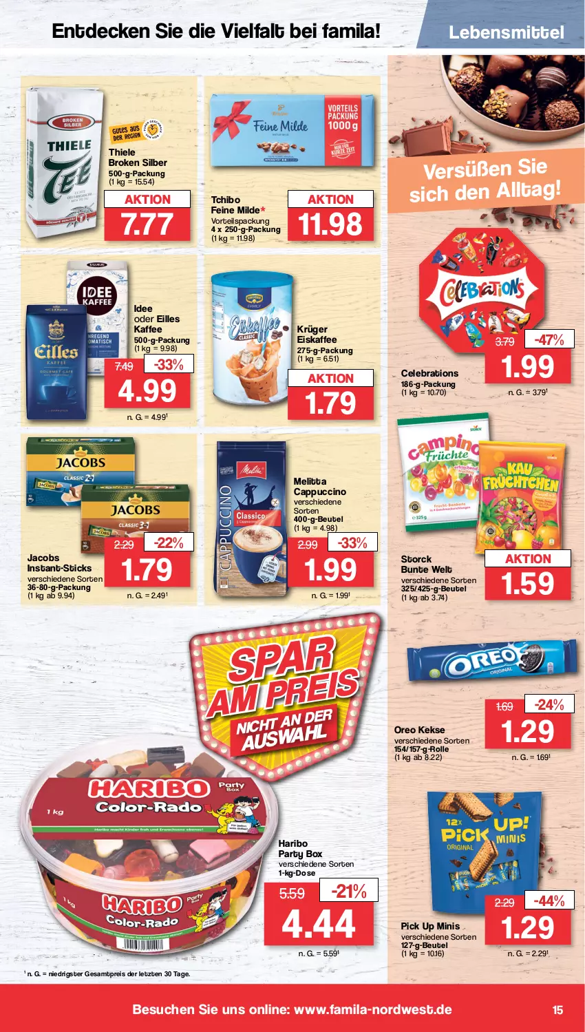 Aktueller Prospekt Famila - Prospekte - von 26.06 bis 01.07.2023 - strona 15 - produkty: beutel, Cap, cappuccino, cin, decke, eis, eiskaffee, haribo, jacobs, kaffee, keks, kekse, krüger, lebensmittel, melitta, oreo, reis, storck, Tchibo, Ti, ZTE