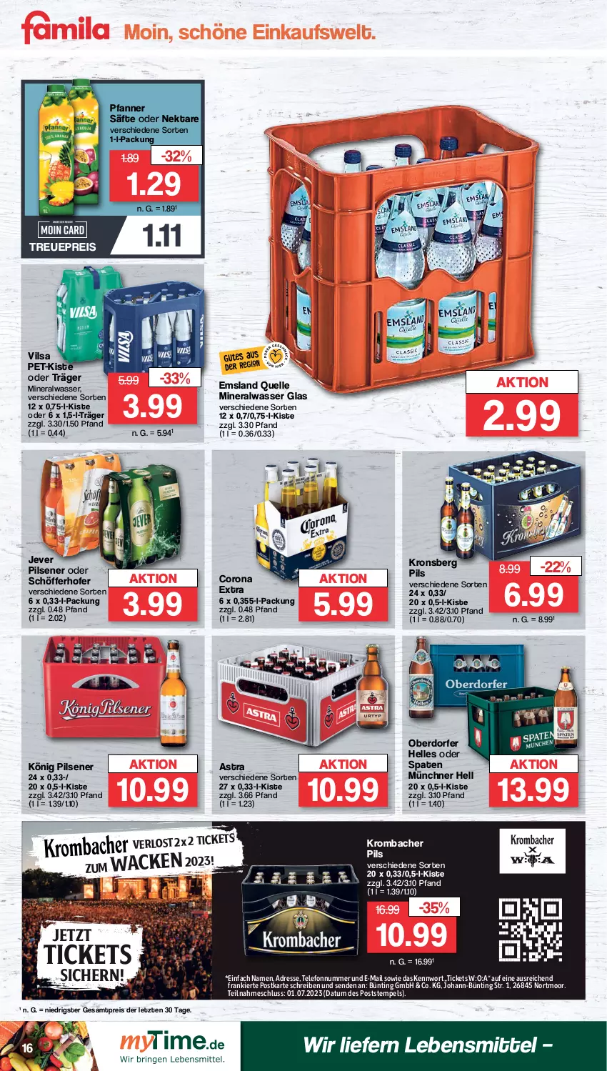 Aktueller Prospekt Famila - Prospekte - von 26.06 bis 01.07.2023 - strona 16 - produkty: Alwa, Astra, corona, corona extra, eis, elle, jever, jever pilsener, könig pilsener, krombache, krombacher, krombacher pils, lebensmittel, mineralwasser, Nektar, pfanne, Pfanner, pils, pilsener, reis, säfte, schöfferhofer, Spaten, telefon, Ti, vilsa, wasser, ZTE