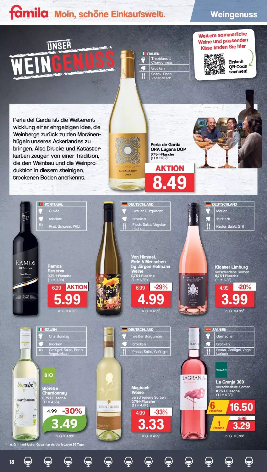 Aktueller Prospekt Famila - Prospekte - von 26.06 bis 01.07.2023 - strona 18 - produkty: auer, Bau, bio, burgunder, chardonnay, cuvée, eis, erde, fisch, flasche, Geflügel, grauer burgunder, grill, Käse, maybach, merl, merlot, nuss, pasta, perla, reis, rind, ring, salat, schwein, snack, Ti, Vegeta, wein, weine, WICK, Wild, ZTE