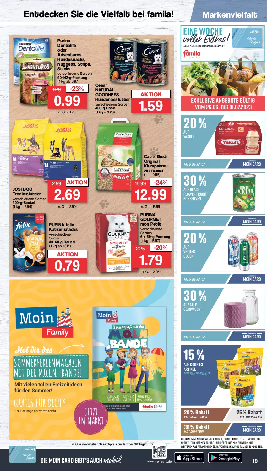 Aktueller Prospekt Famila - Prospekte - von 26.06 bis 01.07.2023 - strona 19 - produkty: adventuros, angebot, angebote, beutel, buch, cookie, cookies, decke, eis, felix, frucht, gin, hundesnack, hundesnacks, katzensnack, katzensnacks, klumpstreu, Konserven, magazin, nassfutter, natur, natura, nuggets, purina, reis, rezept, snack, snacks, Tchibo, Ti, trockenfutter, Vase, veltins, ZTE