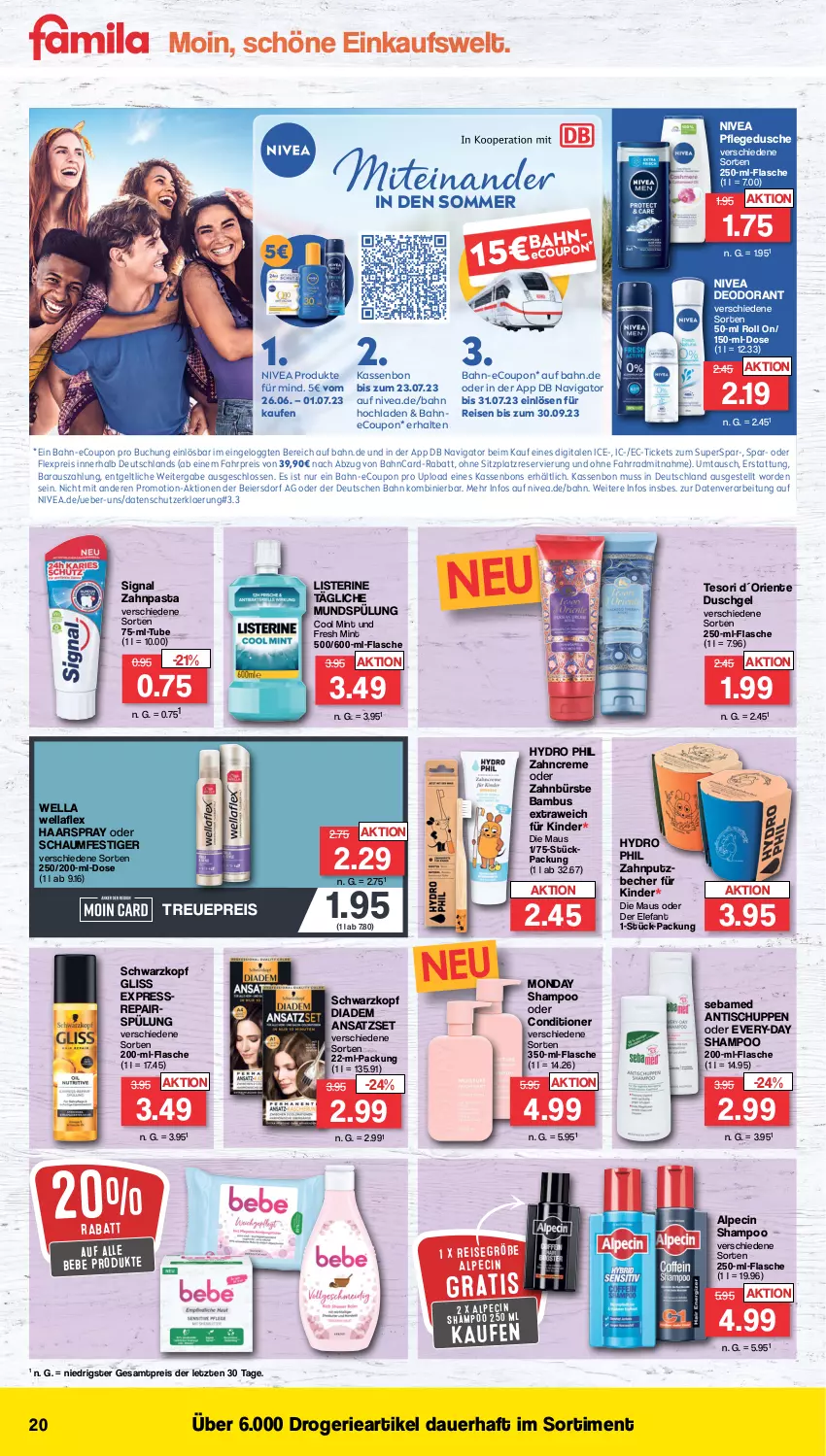 Aktueller Prospekt Famila - Prospekte - von 26.06 bis 01.07.2023 - strona 20 - produkty: alpecin, auer, bambus, Bebe, Becher, buch, bürste, cin, coupon, creme, deo, deodorant, diadem, dusche, duschgel, eier, eis, Elefant, ente, Fahrrad, flasche, gliss, haarspray, Kinder, listerine, Maus, mint, mundspülung, nivea, oder schaumfestiger, pasta, pflegedusche, reis, schaumfestiger, schwarzkop, schwarzkopf, sebamed, shampoo, Signal, spülung, Ti, tisch, Wella, wellaflex, zahnbürste, zahncreme, zahnpasta, ZTE