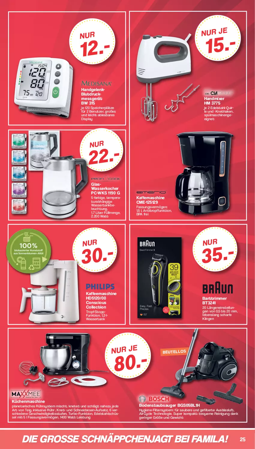 Aktueller Prospekt Famila - Prospekte - von 26.06 bis 01.07.2023 - strona 25 - produkty: beleuchtung, edelstahl, eis, handmixer, kaffee, kaffeemaschine, Kocher, küche, Küchen, küchenmaschine, Mixer, Reinigung, ring, schnäppchen, Schneebesen, schüssel, spülmaschinen, staubsauger, Ti, usb, wasser, wasserkocher, wassertank