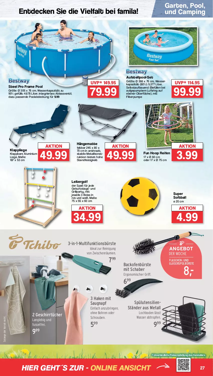 Aktueller Prospekt Famila - Prospekte - von 26.06 bis 01.07.2023 - strona 27 - produkty: angebot, backofen, ball, Bau, bürste, decke, eis, elle, flasche, Garten, geschirr, geschirrtücher, Gläser, grill, hängematte, Klappliege, Liege, Ofen, pool, reifen, Reinigung, reis, ring, schrauben, steel pro, tee, teller, Ti, tücher, wasser