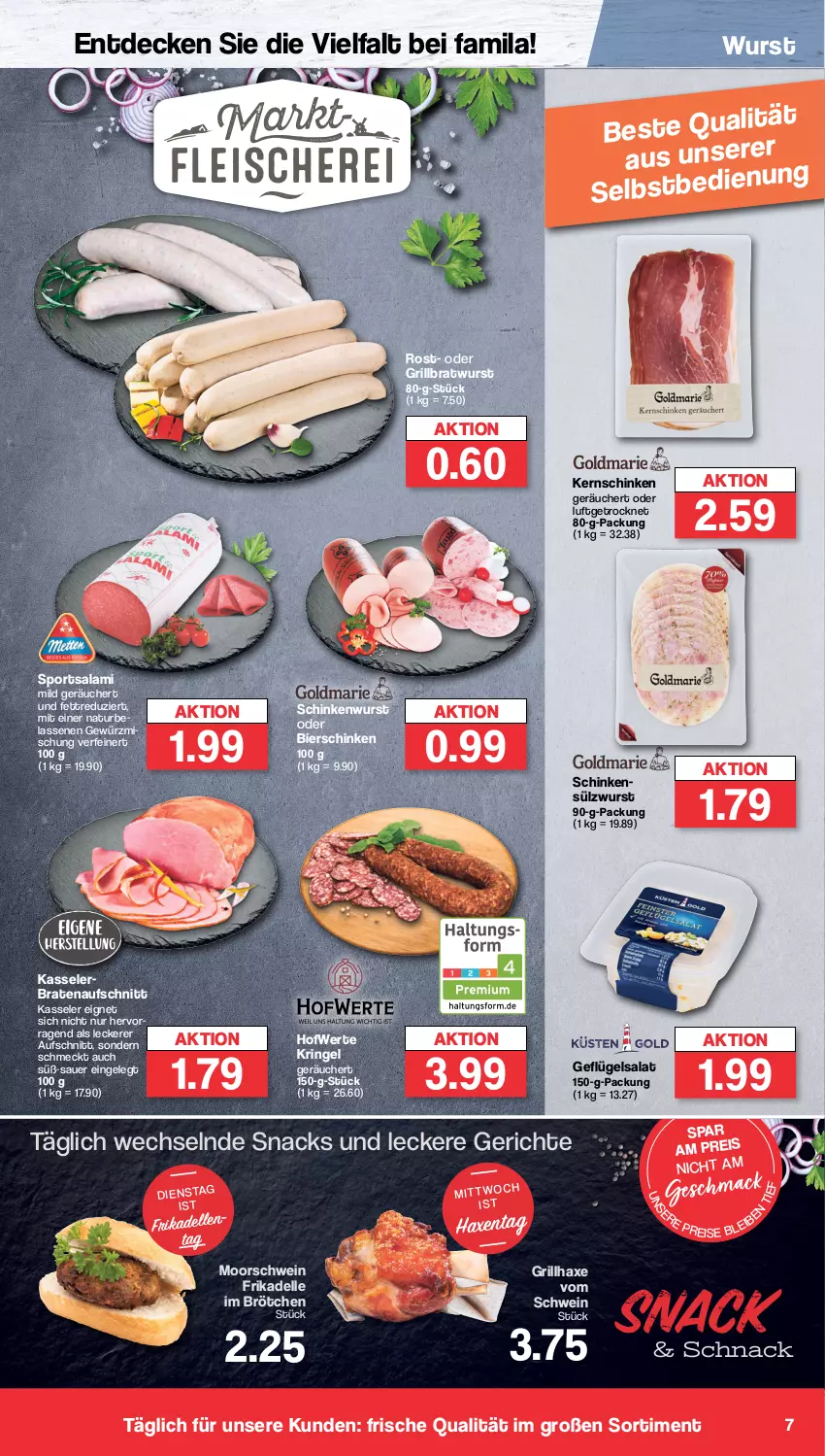 Aktueller Prospekt Famila - Prospekte - von 26.06 bis 01.07.2023 - strona 7 - produkty: auer, aufschnitt, axe, bier, bierschinken, braten, bratenaufschnitt, bratwurst, brötchen, decke, dell, eis, elle, frikadellen, Geflügel, geflügelsalat, gewürz, Gewürzmischung, grill, grillbratwurst, grillhaxe, Haxe, kasseler, Kasselerbraten, kernschinken, mac, natur, reis, ring, salami, salat, schinken, schinkenwurst, schwein, snack, snacks, Sport, Ti, wein, wurst