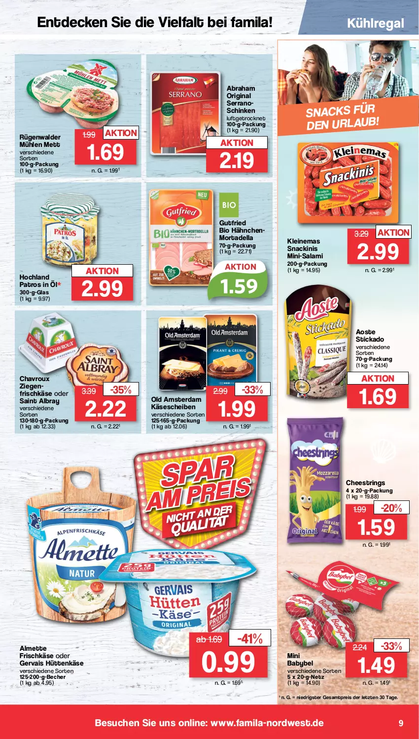 Aktueller Prospekt Famila - Prospekte - von 26.06 bis 01.07.2023 - strona 9 - produkty: albray, almette, aoste stickado, babybel, Becher, bio, chavroux, decke, dell, eis, frischkäse, gervais, gin, gutfried, hochland, Käse, käsescheiben, kühlregal, leine, Mett, mini babybel, Mini-Salami, mortadella, Old Amsterdam, patros, regal, reis, ring, rügenwalder, rügenwalder mühle, saint albray, salami, schinken, serrano, snack, snacks, stickado, String, Ti, ZTE