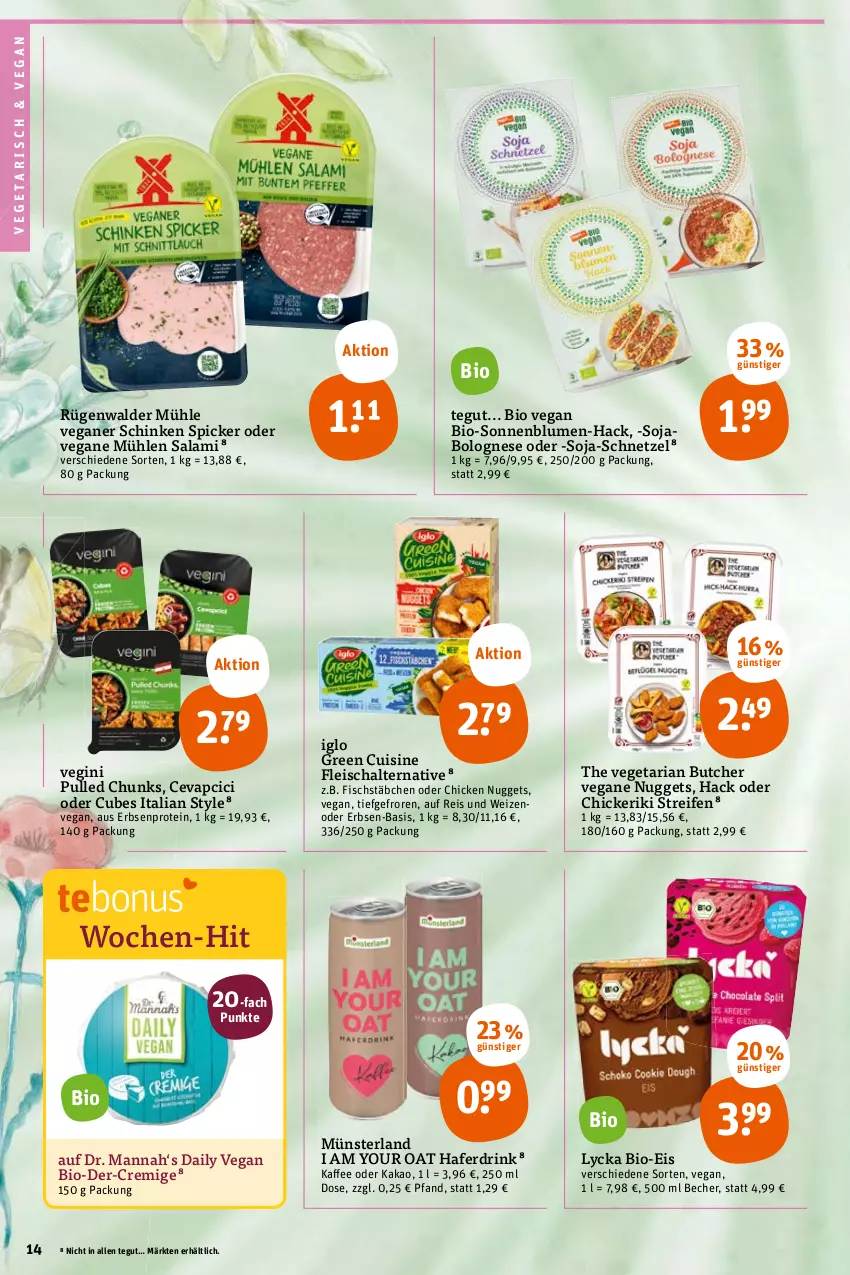 Aktueller Prospekt Tegut - Angebote der Woche - von 24.10 bis 29.10.2022 - strona 14 - produkty: Becher, bio, blume, blumen, bolognese, cevapcici, chicken nuggets, drink, eis, erbsen, fisch, fischstäbchen, fleisch, Fleischalternative, gin, hafer, Haferdrink, iglo, kakao, nuggets, reifen, reis, Ria, rügenwalder, rügenwalder mühle, salami, Schal, schinken, schinken spicker, soja, sonnenblume, sonnenblumen, The Vegetarian Butcher, Ti, Vegeta, Yo