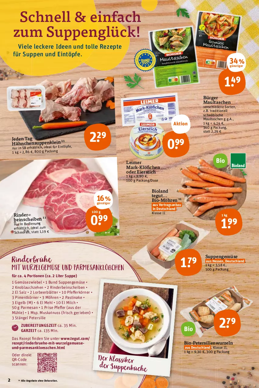 Aktueller Prospekt Tegut - Angebote der Woche - von 24.10 bis 29.10.2022 - strona 2 - produkty: angebot, angebote, asti, Bau, bio, bioland, Brühe, dekoration, eier, eimer, eintöpfe, Gemüsezwiebel, knoblauch, leimer, LG, maultaschen, mehl, milch, möhren, Muskatnuss, nuss, petersilie, rezept, rezepte, rind, rinder, salz, suppe, suppen, Tasche, taschen, Ti, zwiebel