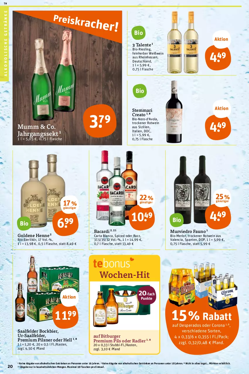 Aktueller Prospekt Tegut - Angebote der Woche - von 24.10 bis 29.10.2022 - strona 20 - produkty: alkohol, alkoholische getränke, bacardi, bier, bio, bitburger, burger, corona, desperados, eier, eierlikör, ente, flasche, getränk, getränke, jahrgangssekt, likör, merl, merlot, mumm, nero, oder radler, pils, pilsner, premium pils, radler, riesling, rotwein, Saalfelder, sekt, Ti, wein, Weißwein