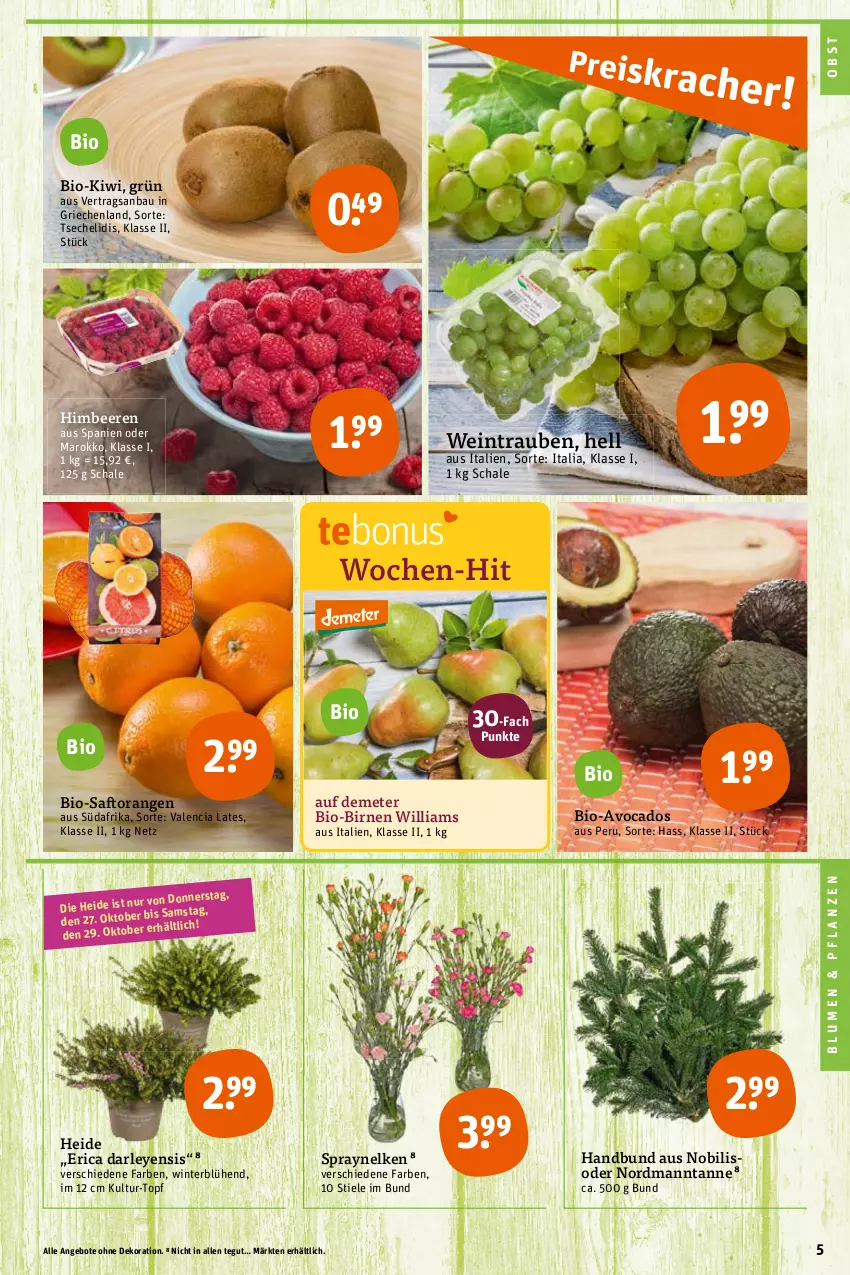 Aktueller Prospekt Tegut - Angebote der Woche - von 24.10 bis 29.10.2022 - strona 5 - produkty: angebot, angebote, avocado, avocados, Bau, beere, beeren, bio, Birnen, blume, blumen, dekoration, himbeer, himbeere, himbeeren, kiwi, obst, orange, orangen, pflanze, pflanzen, saft, Saftorangen, Schal, Schale, Ti, topf, trauben, wein