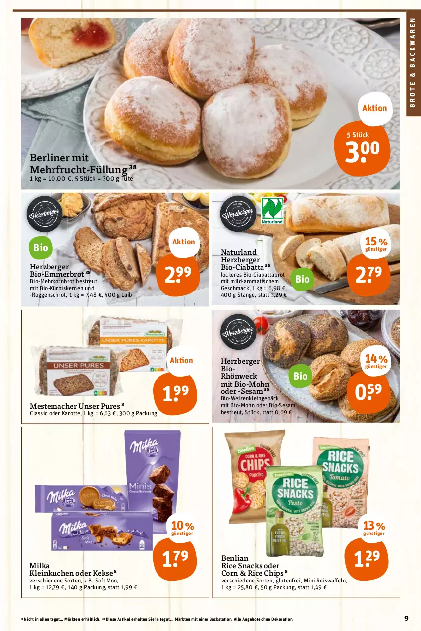 Aktueller Prospekt Tegut - Angebote der Woche - von 24.10 bis 29.10.2022 - strona 9 - produkty: angebot, angebote, backwaren, Berger, berliner, bio, brot, chips, ciabatta, dekoration, eis, frucht, herzberger, keks, kekse, korn, Kornbrot, kuchen, Kürbis, kürbiskerne, mac, mestemacher, milka, natur, naturland, reis, sesam, snack, snacks, Ti, tisch, Tüte, weck