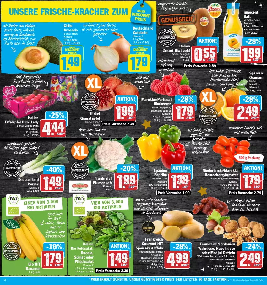 Aktueller Prospekt Hit - Prospekte - von 28.11 bis 03.12.2022 - strona 2 - produkty: apfel, auer, aufstrich, avocado, banane, bananen, beere, beeren, berliner, beutel, bio, bio hit, blume, blumen, blumenkohl, braten, brot, brotaufstrich, butter, cherrytomaten, cola, Datteln, dessert, desserts, discount, eintopf, eis, elle, feldsalat, flasche, früchte, grana, granatapfel, grill, himbeer, himbeere, himbeeren, Innocent, joghur, joghurt, Jordan, kartoffel, kartoffeln, kiwi, Kiwi Gold, kracher, mac, Mode, navelina, nuss, obst, orange, orangen, paprika, pasta, Pink Lady, quark, Rana, reis, rucola, rwe, saft, salat, salate, sapphire, shake, snack, speisekartoffeln, spinat, tafeläpfel, Tasche, Ti, tisch, tomate, tomaten, topf, tragetasche, zespri, ZTE, zwiebel, zwiebeln