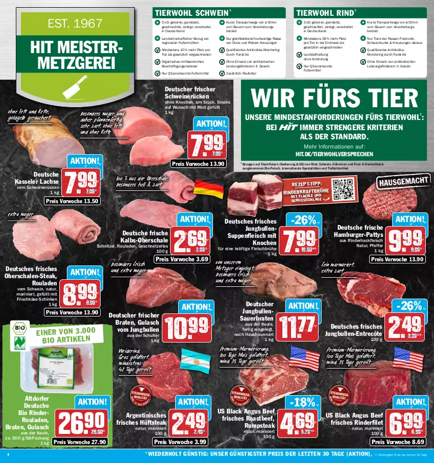 Aktueller Prospekt Hit - Prospekte - von 28.11 bis 03.12.2022 - strona 4 - produkty: auer, Bau, Bauer, beef, bio, braten, Brühe, burger, eis, entrecôte, filet, fleisch, frischkäse, Geflügel, geschnetzeltes, gulasch, hackfleisch, hamburger, hüftsteak, jungbullen, Käse, kasseler, Kette, kraft, lachs, lack, mais, Meister, Mett, monitor, natur, pfanne, pfannen, pfeffer, pute, reis, Ria, rind, rinder, rinderfilet, rinderhackfleisch, Rinderroulade, rinderrouladen, ring, roastbeef, rouladen, rum, rumpsteak, Schal, Schale, schinken, schnitzel, schwein, schweine, schweinerücken, Spezi, Sport, steak, steaks, suppe, suppen, suppenfleisch, Ti, Tiere, tisch, wein, weine, Zelt, ZTE