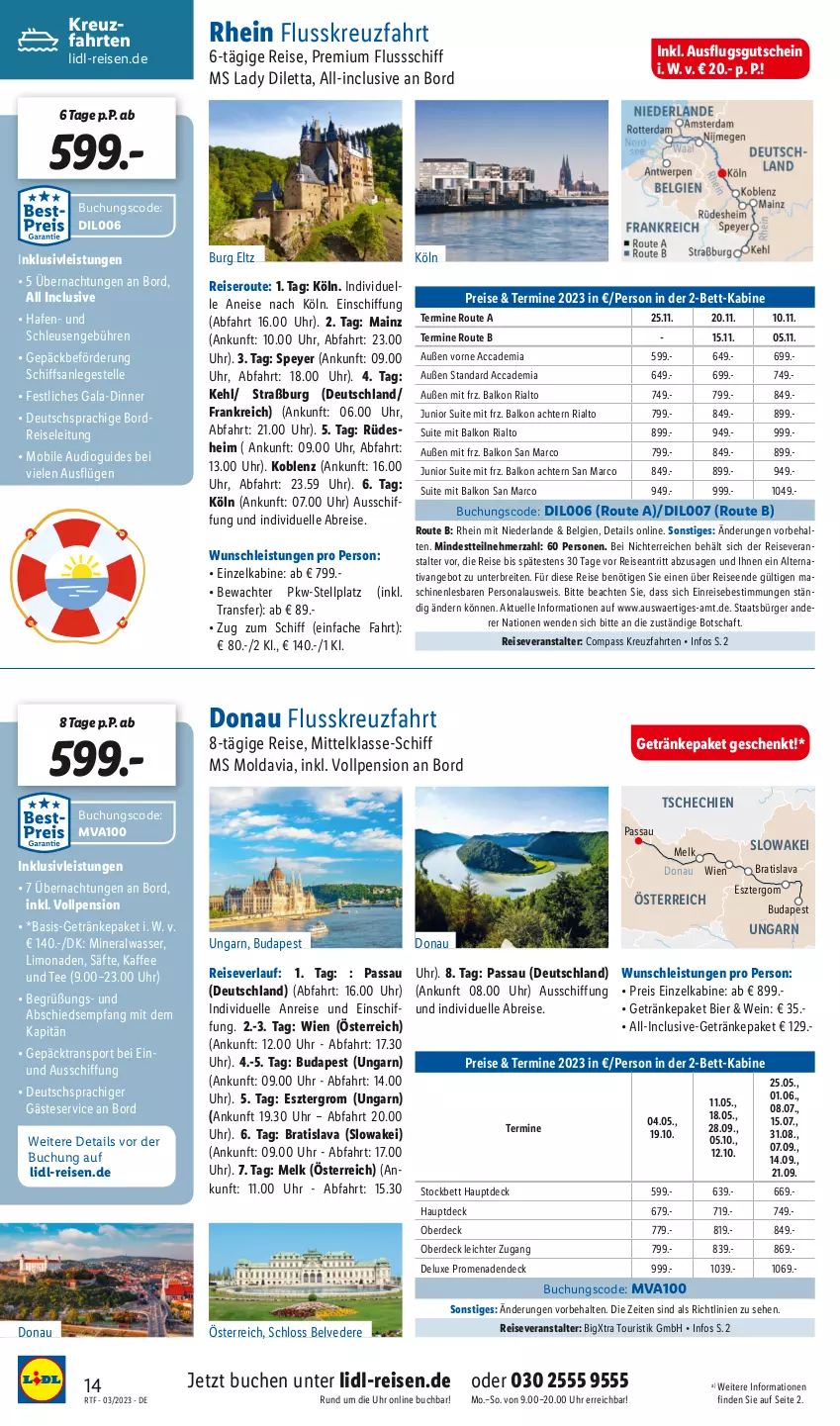 Aktueller Prospekt Lidl - Themenflyer März 2023 - von 12.03 bis 15.04.2023 - strona 14 - produkty: ACC, Alwa, angebot, bett, bier, Brei, buch, eis, elle, erde, getränk, getränke, Grom, gutschein, individuelle abreise, inklusivleistungen, kaffee, kreuzfahrten, LG, limo, limonade, limonaden, mineralwasser, Persona, reis, reiseveranstalter, reiseverlauf, Ria, säfte, speyer, Sport, tee, Ti, uhr, wasser, wein, ZTE