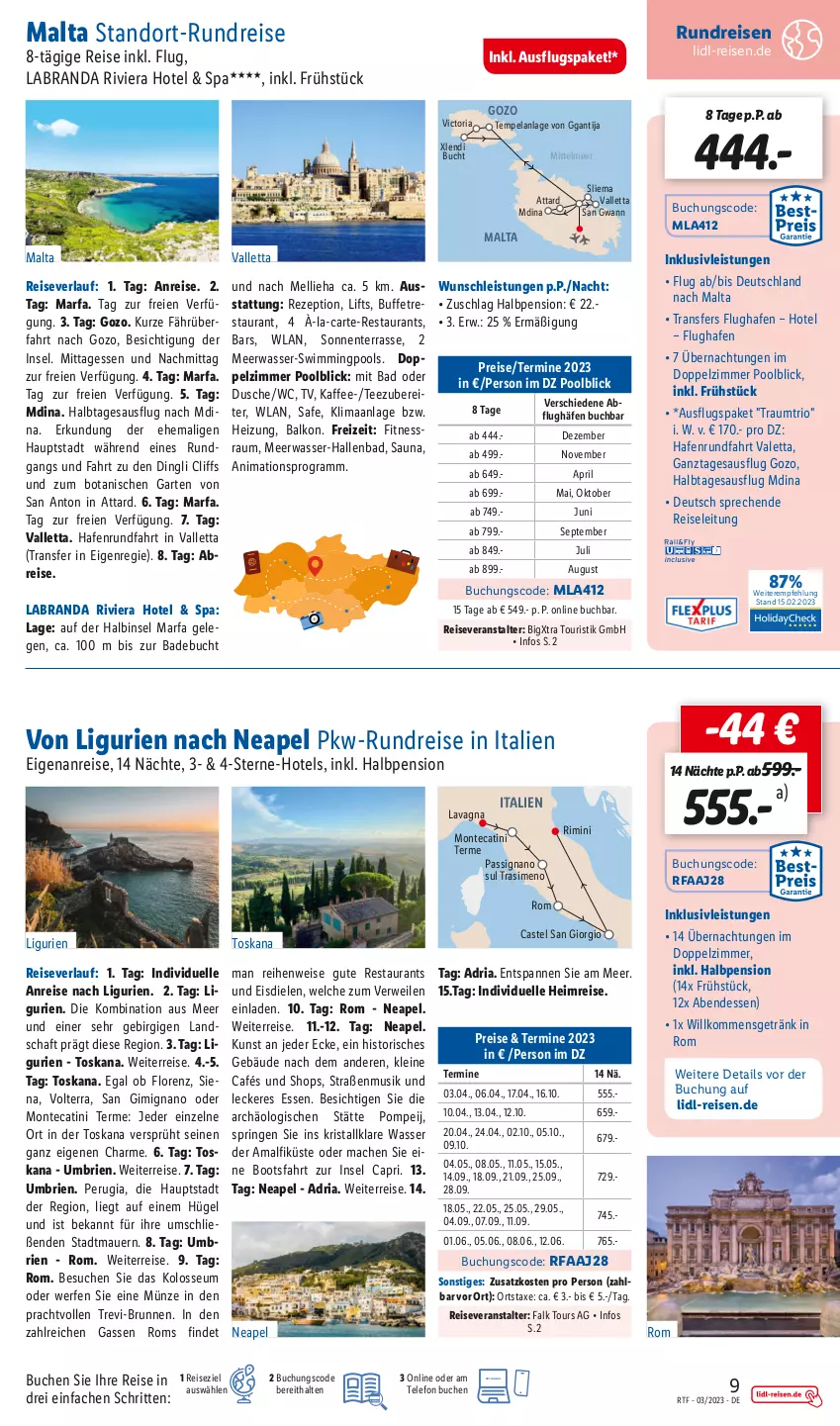 Aktueller Prospekt Lidl - Themenflyer März 2023 - von 12.03 bis 15.04.2023 - strona 9 - produkty: auer, axe, Bad, brie, brunnen, buch, Cap, dusche, eis, Elan, elle, ente, Garten, getränk, inklusivleistungen, kaffee, labranda, leine, lorenz, mac, Meerwasser, monte, pool, pril, reis, reiseveranstalter, reiseverlauf, rezept, Ria, ring, rwe, sim, tee, telefon, Ti, valletta, wasser