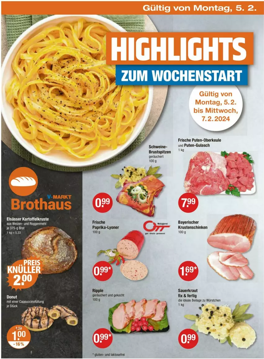 Aktueller Prospekt Vmarkt - Prospekte - von 01.02 bis 07.02.2024 - strona 22 - produkty: auer, brot, gulasch, ilag, kartoffel, Kraut, Krustenschinken, lyoner, mehl, paprika, pute, Sauerkraut, schinken, schwein, schweine, Ti, wein, weine, würstchen, Yo