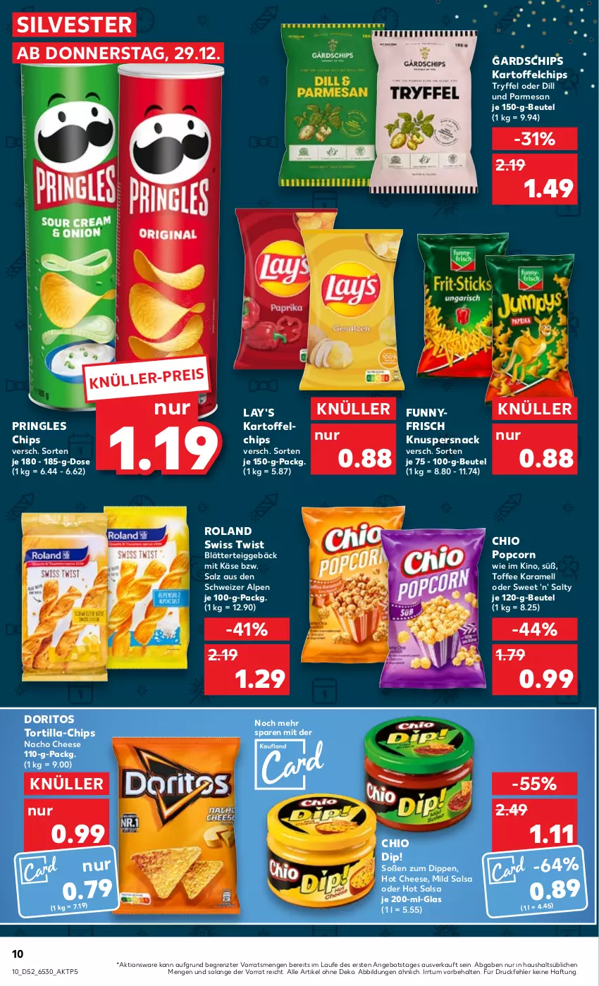 Aktueller Prospekt Kaufland - von 29.12.2022 bis 04.01.2023 - strona 10 - produkty: angebot, beutel, blätterteig, blätterteiggebäck, chips, dip, Doritos, eis, karamell, kartoffel, kartoffelchips, Käse, lay's, nacho, nacho cheese, popcorn, pringles, ring, Salsa, salz, snack, Soße, Ti, tortilla, ZTE