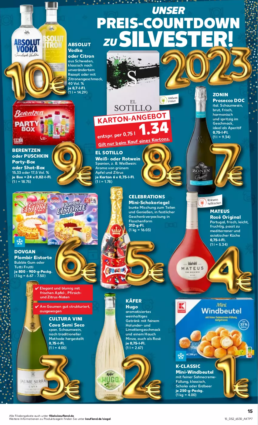 Aktueller Prospekt Kaufland - von 29.12.2022 bis 04.01.2023 - strona 15 - produkty: Absolut Vodka, angebot, angebote, aperitif, apfel, berentzen, beutel, brut, Cava, creme, dovgan, ecco, eis, elle, flasche, frucht, getränk, gin, holunder, hugo, käfer, küche, limette, limetten, mac, mateus, Mett, metten, minze, pfirsich, prosecco, reis, rezept, riegel, roséwein, rotwein, sahne, schoko, schokoriegel, Ti, tisch, torte, vodka, wein, Weißwein, Windbeutel, zitrone, zitronen, zonin