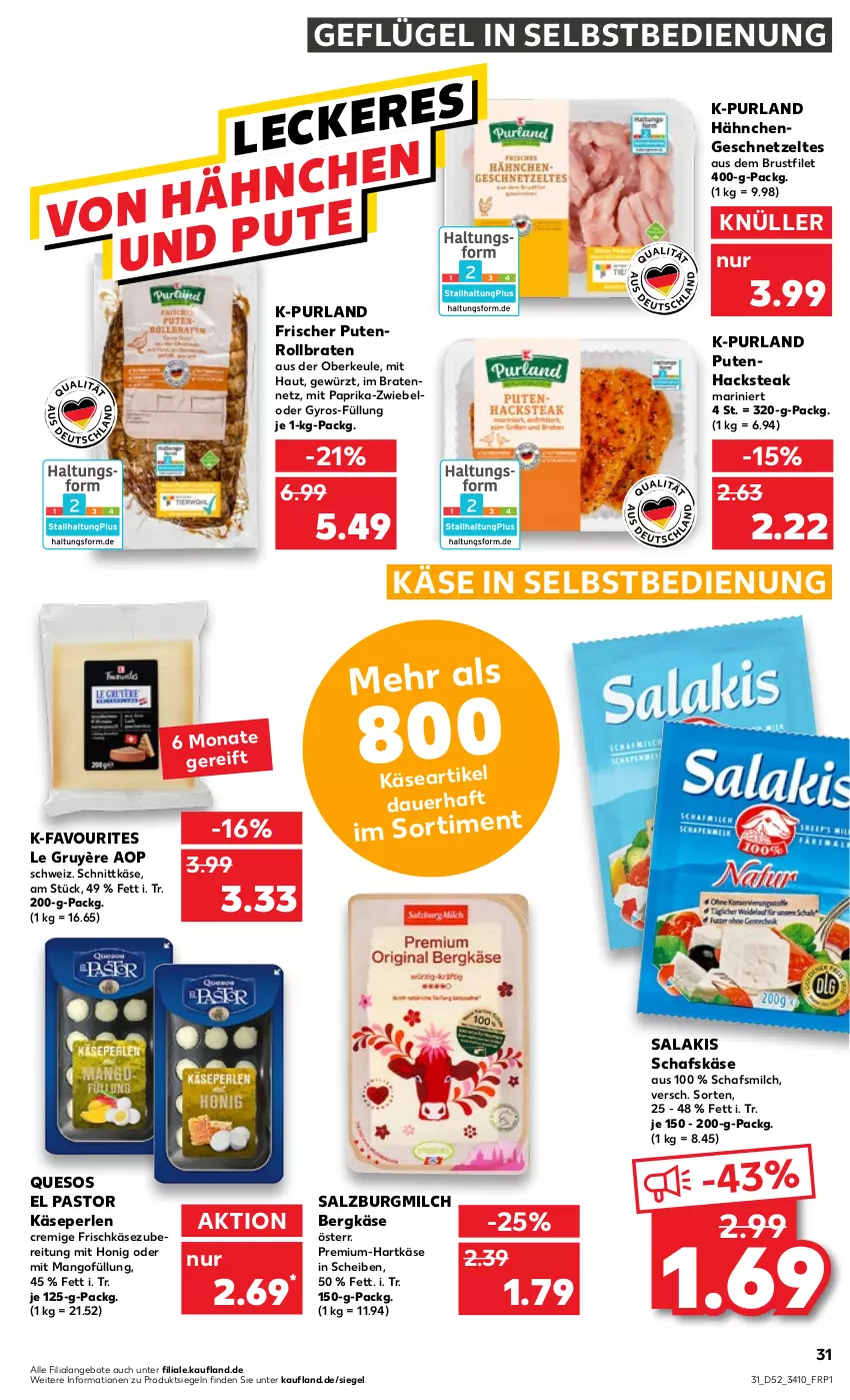 Aktueller Prospekt Kaufland - von 29.12.2022 bis 04.01.2023 - strona 31 - produkty: angebot, angebote, auer, Bergkäse, braten, brustfilet, filet, frischkäse, frischkäsezubereitung, Geflügel, geschnetzeltes, gewürz, gyros, Hähnchengeschnetzeltes, hartkäse, honig, Käse, mango, milch, mit paprika, paprika, perlen, purland, pute, Putenhacksteak, Putenrollbraten, rollbraten, salakis, salz, SalzburgMilch, schafskäse, schnittkäse, steak, Ti, Zelt, zwiebel