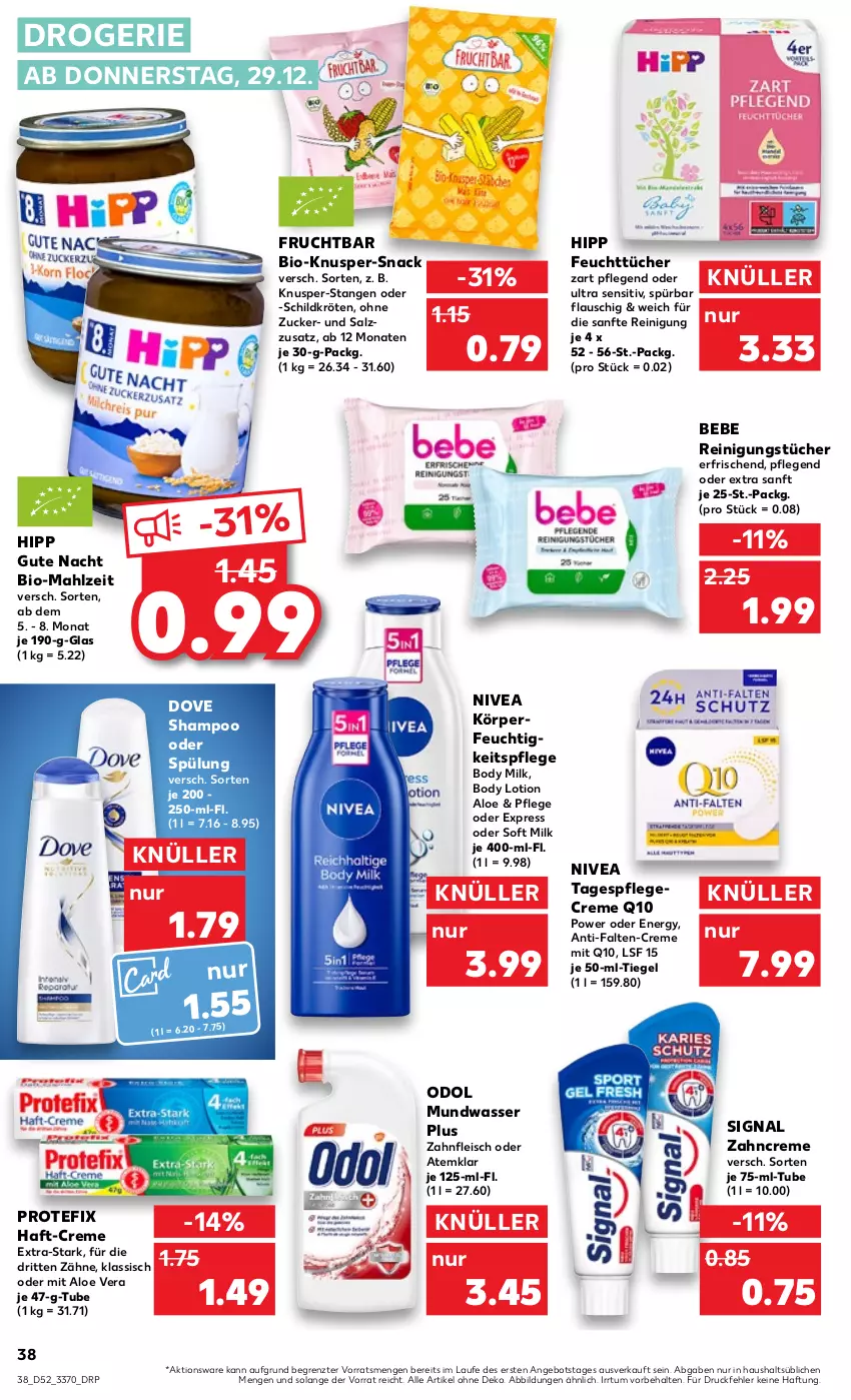 Aktueller Prospekt Kaufland - von 29.12.2022 bis 04.01.2023 - strona 38 - produkty: aloe vera, angebot, Bebe, bio, body, body lotion, body milk, creme, dove, eis, feuchtigkeitspflege, feuchttücher, fleisch, frucht, hipp, je 50-ml-tiegel, Lotion, mundwasser, nivea, Odol, Pflegecreme, Q10, Reinigung, reinigungstücher, salz, shampoo, shampoo oder spülung, Signal, snack, spülung, Tagespflege, Ti, tücher, wasser, zahncreme, ZTE, zucker