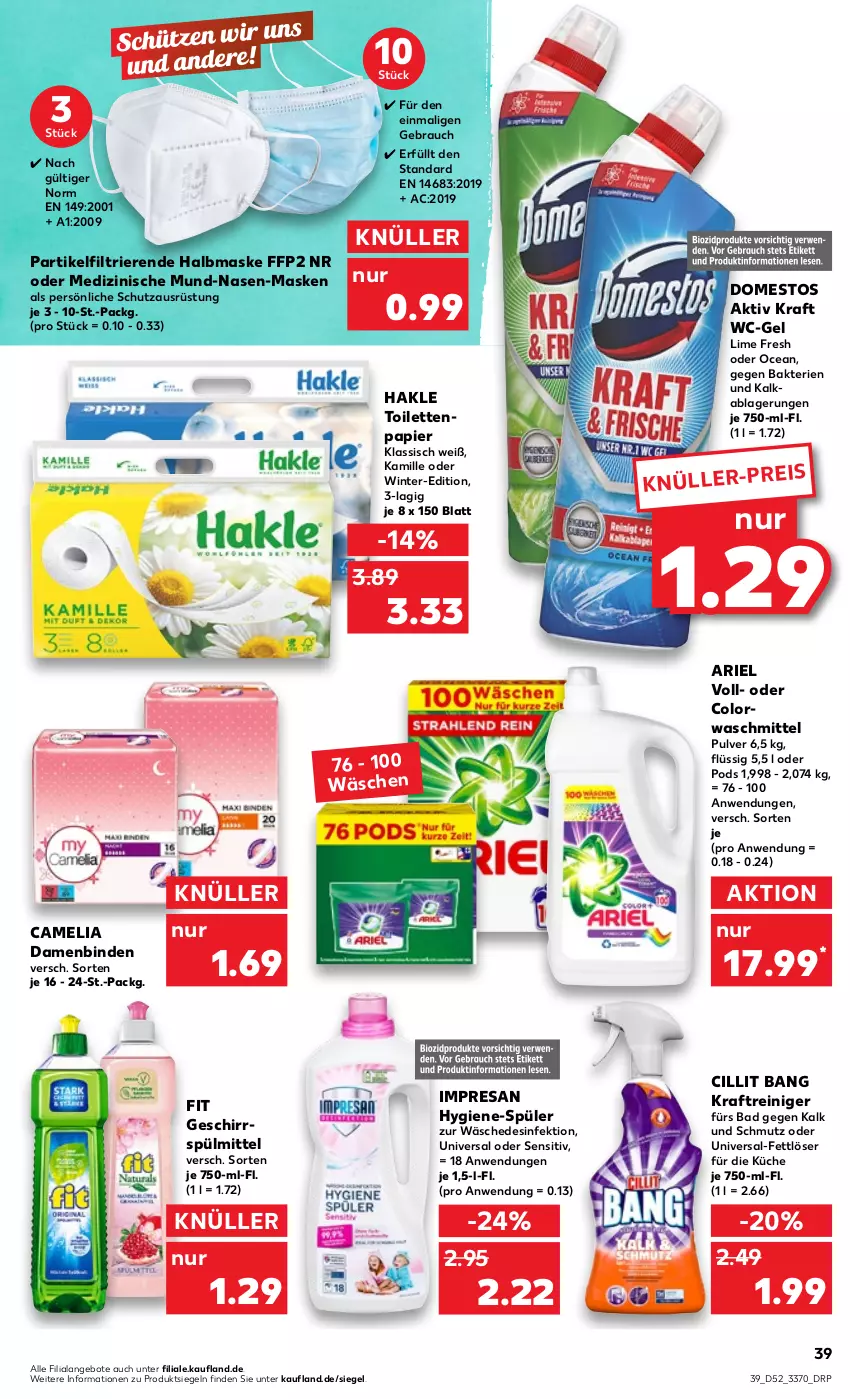 Aktueller Prospekt Kaufland - von 29.12.2022 bis 04.01.2023 - strona 39 - produkty: angebot, angebote, ariel, Bad, binden, camelia, Cillit, cillit bang, colorwaschmittel, Damenbinden, Desinfektion, domestos, eis, Fettlöser, FFP2, geschirr, hakle, hakle toilettenpapier, Kamill, kamille, kraft, küche, Maske, papier, Pods, Rauch, reiniger, resa, spülmittel, Ti, toilettenpapier, waschmittel, wc-gel