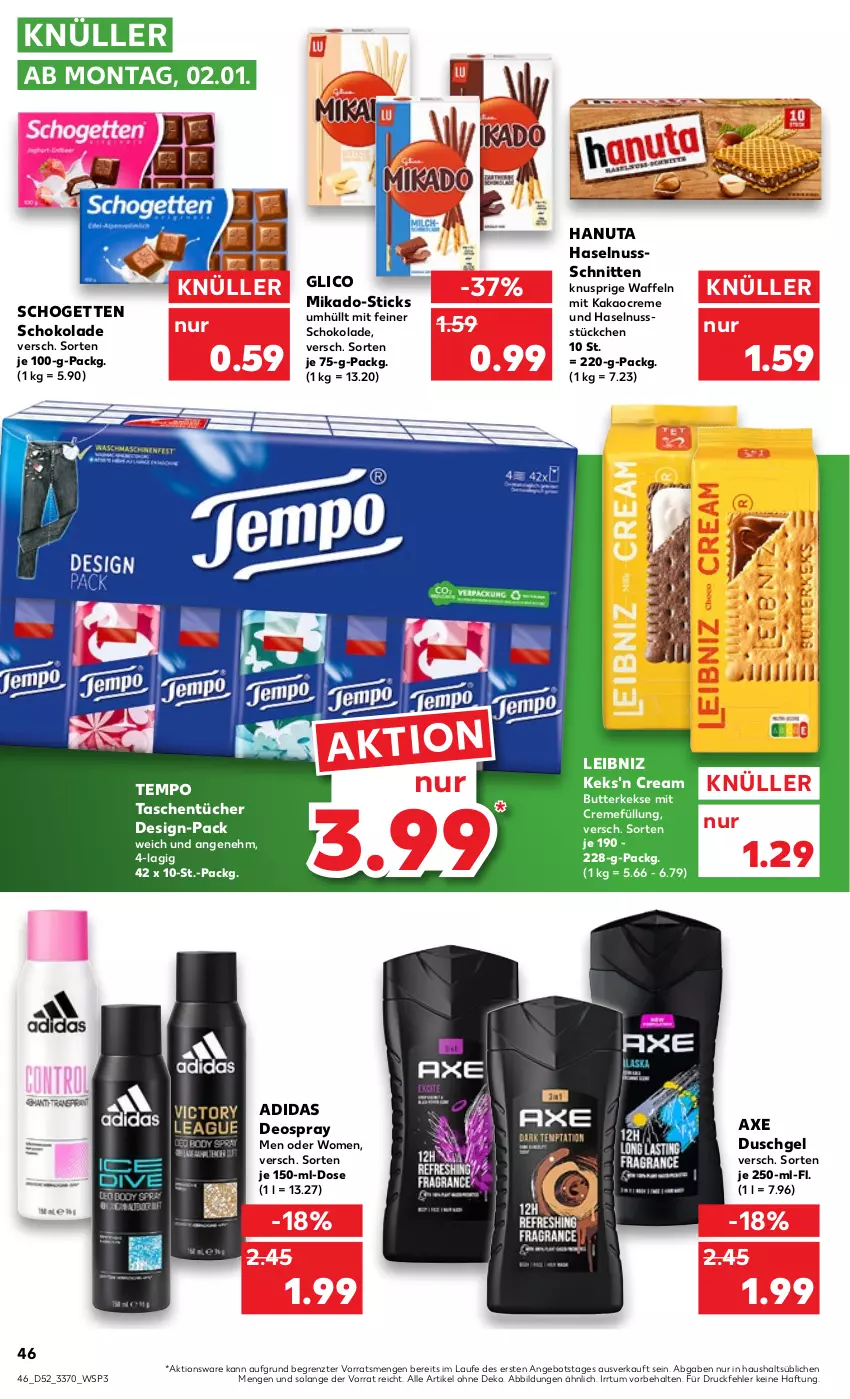 Aktueller Prospekt Kaufland - von 29.12.2022 bis 04.01.2023 - strona 46 - produkty: Adidas, angebot, axe, axe duschgel, butter, butterkeks, creme, deo, deospray, duschgel, hanuta, haselnuss, kakao, keks, kekse, leibniz, mikado, nuss, schnitten, schogetten, schoko, schokolade, Tasche, taschen, taschentücher, Tempo, Ti, tücher, waffeln, ZTE