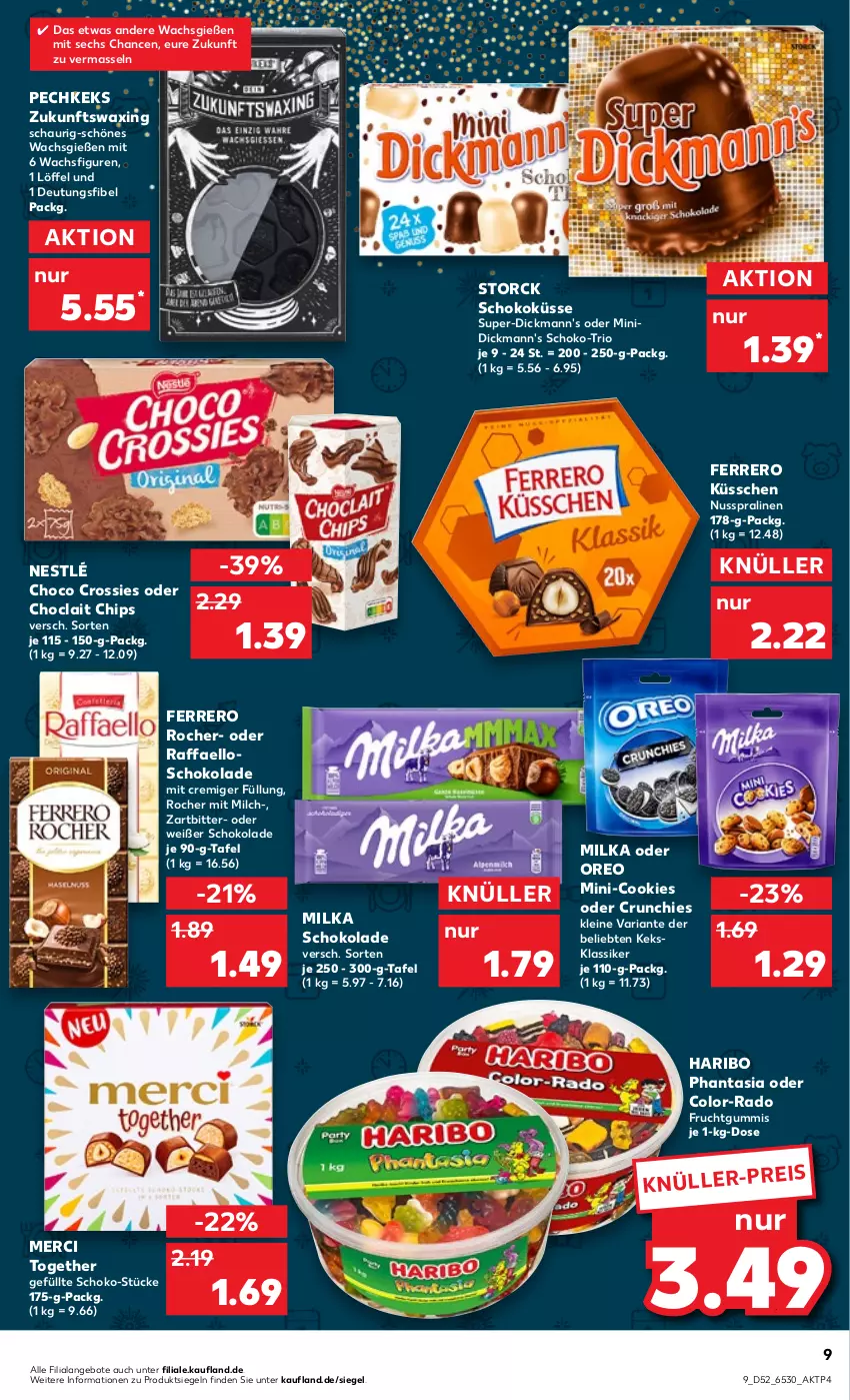 Aktueller Prospekt Kaufland - von 29.12.2022 bis 04.01.2023 - strona 9 - produkty: angebot, angebote, chips, choclait chips, choco crossies, cookie, cookies, crossies, Dickmann's, eis, ferrero, Ferrero Küsschen, Ferrero Rocher, frucht, fruchtgummi, fruchtgummis, haribo, keks, leine, Löffel, merci, milch, milka, milka schokolade, nestlé, nuss, oreo, pralinen, raffaello, Ria, schoko, schokolade, storck, Ti