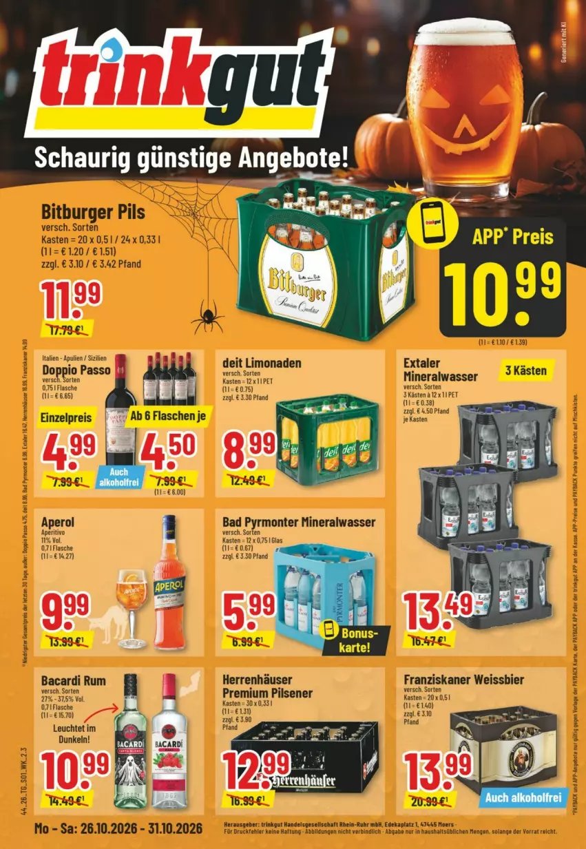 Aktueller Prospekt Trinkgut - Prospekte - von 25.10 bis 31.10.2026 - strona 1 - produkty: alkohol, Alwa, aperol, bacardi, bacardi rum, Bad, bier, bitburger, bitburger pils, burger, deit, doppio passo, eier, eis, Extaler, flasche, franziskaner, Leuchte, limo, limonade, limonaden, mineralwasser, monte, passo, pasta, pils, pilsener, premium pils, reis, rind, rum, Ti, wasser, weissbier, ZTE