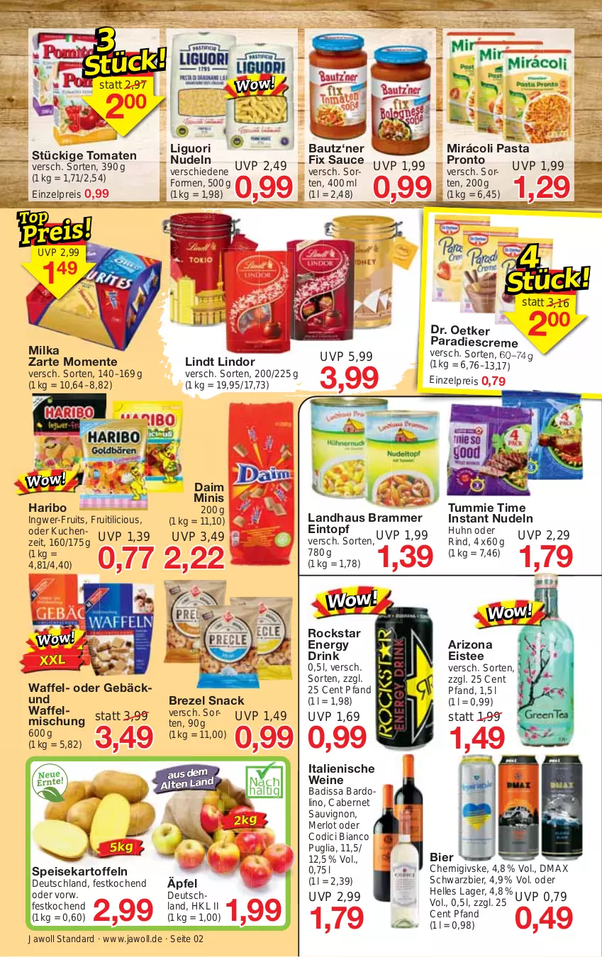 Aktueller Prospekt Jawoll - Prospekte - von 11.04 bis 15.04.2023 - strona 2 - produkty: Bad, Bau, bier, brezel, cabernet, cabernet sauvignon, creme, daim, Dr. Oetker, drink, eintopf, eis, eistee, elle, energy drink, ente, haribo, ingwer, kartoffel, kartoffeln, kuchen, lindor, lindt, merl, merlot, milka, Mirácoli, nudel, nudeln, pasta, Pronto, reis, rind, Rockstar, sauce, sauvignon, snack, speisekartoffeln, tee, Ti, tomate, tomaten, topf, wein, weine