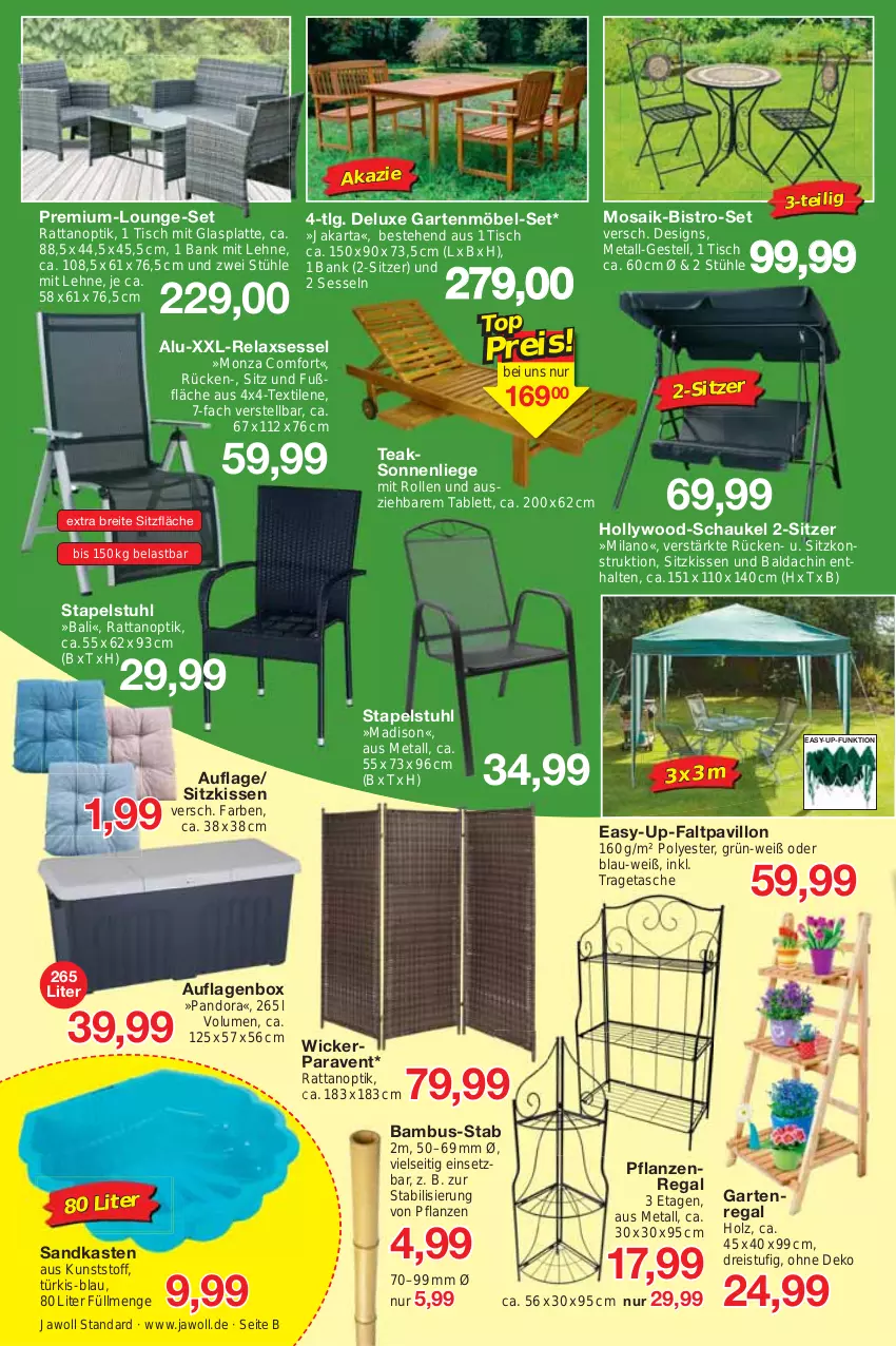 Aktueller Prospekt Jawoll - Prospekte - von 11.04 bis 15.04.2023 - strona 8 - produkty: auflagenbox, bambus, Bank, eis, Faltpavillon, Garten, gartenmöbel, glasplatte, Holz, kissen, latte, LG, Liege, lounge-set, möbel, ndk, Paravent, pavillon, pflanze, pflanzen, regal, reis, rel, relaxsessel, Sandkasten, Schaukel, sessel, sitzkissen, sonnenliege, stapelstuhl, Stühl, stuhl, tablet, tablett, Tasche, Ti, tisch, tragetasche, WICK