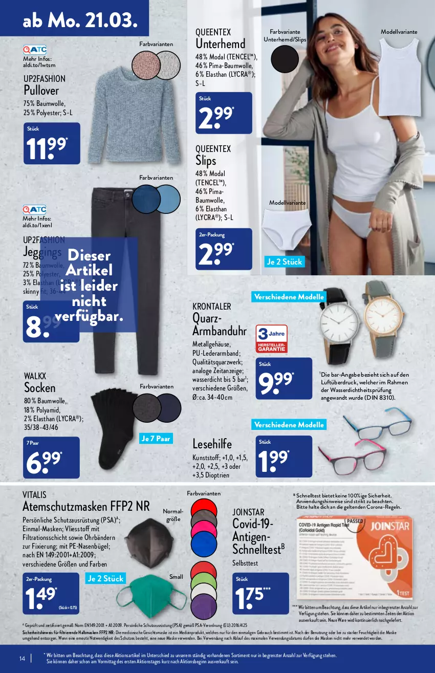 Aktueller Prospekt Aldi Nord - Aldi-Vorschau - von 21.03 bis 26.03.2022 - strona 14 - produkty: aldi, Armband, Armbanduhr, Atemschutzmaske, Bau, baumwolle, bügel, corona, dell, eis, elle, ente, erde, FFP2, Gesichtsmaske, gin, hemd, LG, mab, Maske, medizinprodukt, Mode, Pullover, Queentex, Rauch, Ria, rwe, Schnelltest, slip, slips, socken, Ti, uhr, Unterhemd, up2fashion, vita, vitalis, walkx, wasser, wolle, ZTE