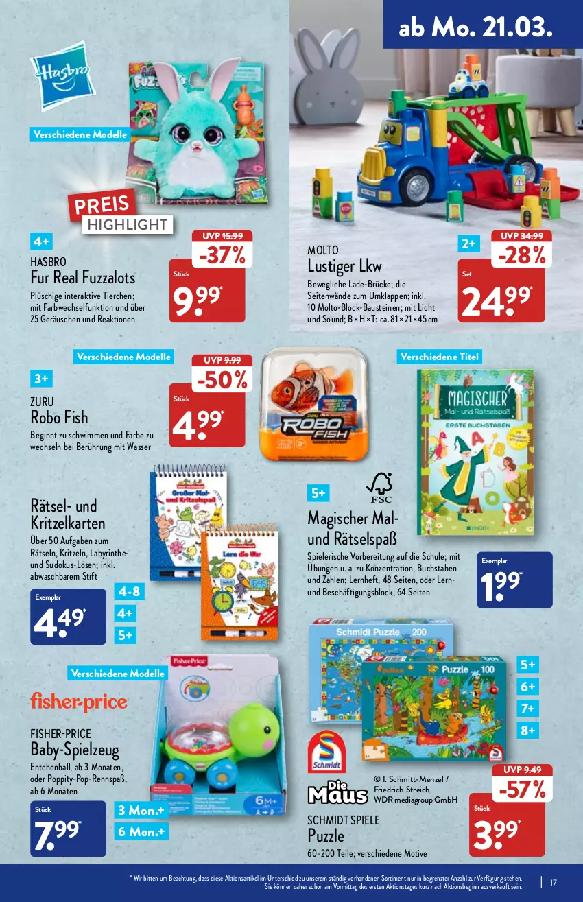 Aktueller Prospekt Aldi Nord - Aldi-Vorschau - von 21.03 bis 26.03.2022 - strona 17 - produkty: aust, ball, Bau, buch, dell, eis, elle, gin, Hasbro, Heu, Lusti, Mode, molto, Plüsch, Popp, Puzzle, reis, Spiele, spielzeug, Ti, wasser, ZTE