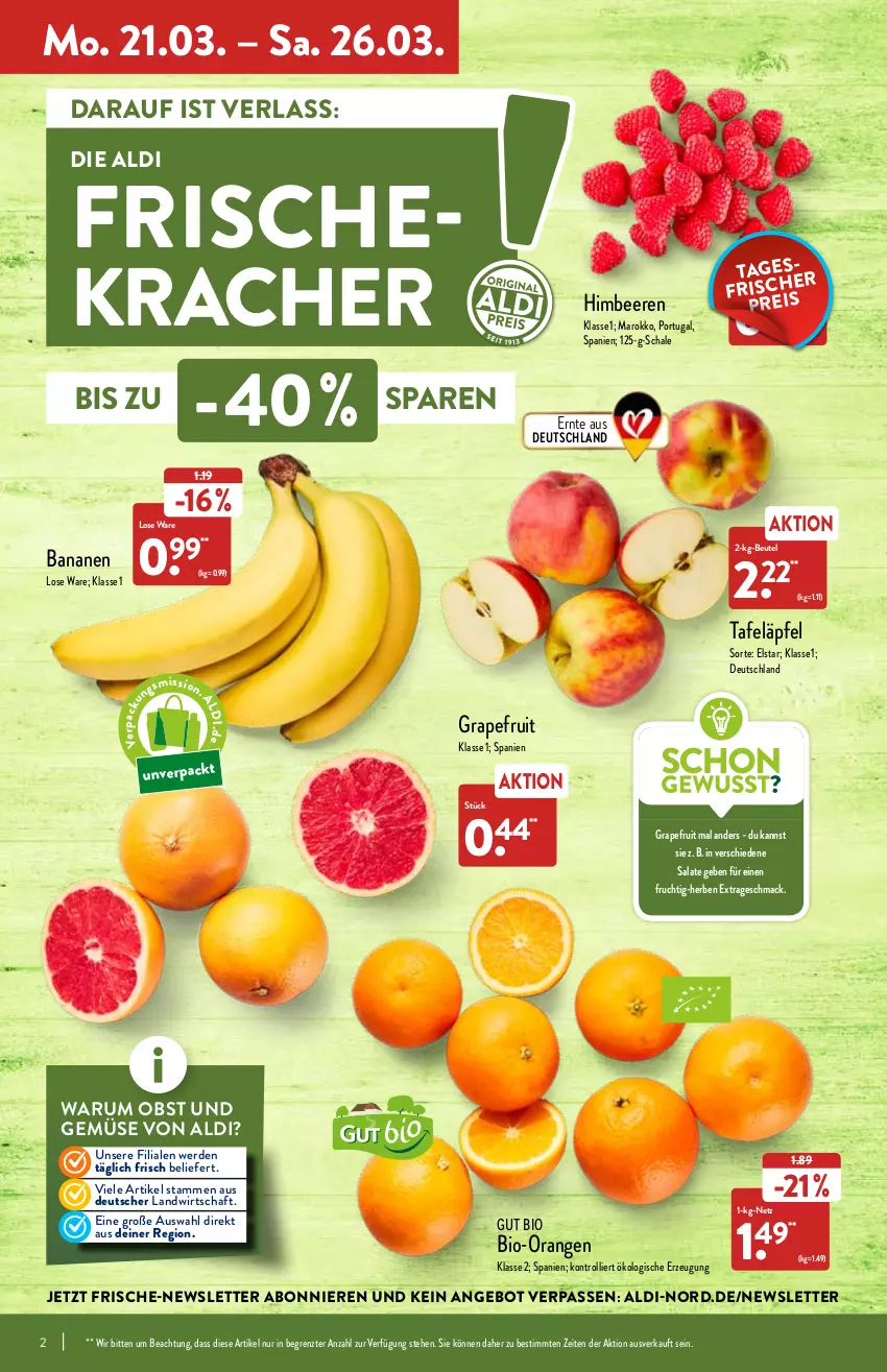 Aktueller Prospekt Aldi Nord - Aldi-Vorschau - von 21.03 bis 26.03.2022 - strona 2 - produkty: aldi, angebot, banane, bananen, beere, beeren, beutel, bio, erde, frucht, grapefruit, himbeer, himbeere, himbeeren, kracher, mac, obst, Obst und Gemüse, orange, orangen, rum, salat, salate, Schal, Schale, tafeläpfel, Ti, trolli, und gemüse, ZTE