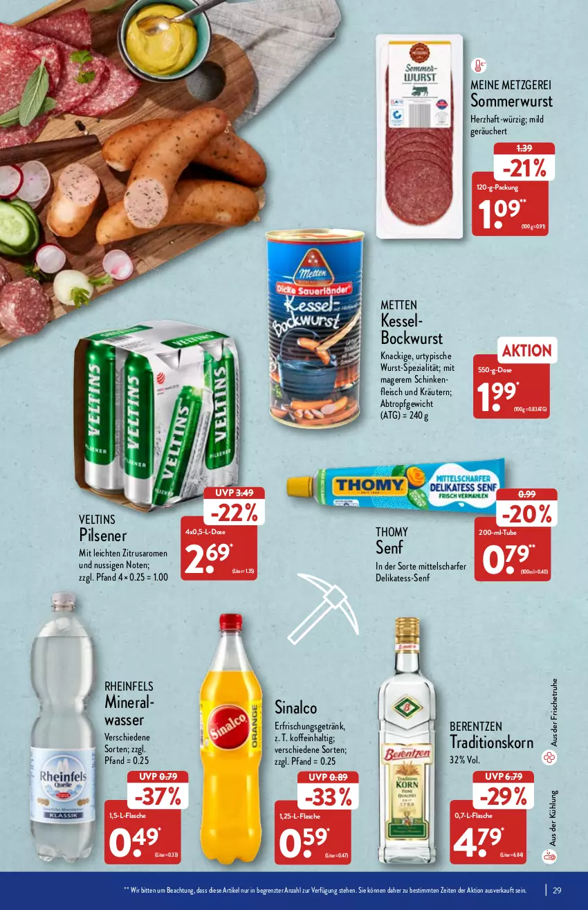 Aktueller Prospekt Aldi Nord - Aldi-Vorschau - von 21.03 bis 26.03.2022 - strona 29 - produkty: Alwa, berentzen, bockwurst, eis, erfrischungsgetränk, flasche, fleisch, getränk, korn, kräuter, kräutern, Mett, metten, mineralwasser, nuss, pils, pilsener, saro, schinken, senf, sinalco, Spezi, thomy, Ti, urtyp, veltins, wasser, wurst, ZTE