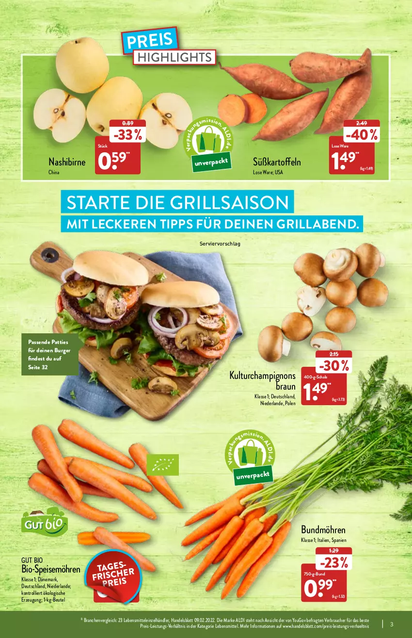 Aktueller Prospekt Aldi Nord - Aldi-Vorschau - von 21.03 bis 26.03.2022 - strona 3 - produkty: aldi, beutel, bio, braun, Bundmöhren, burger, champignon, champignons, champignons braun, eis, grill, kartoffel, kartoffeln, lebensmittel, möhren, Nashi, Rauch, reis, Schal, Schale, speisemöhren, Süßkartoffeln, Ti, trolli, Yo