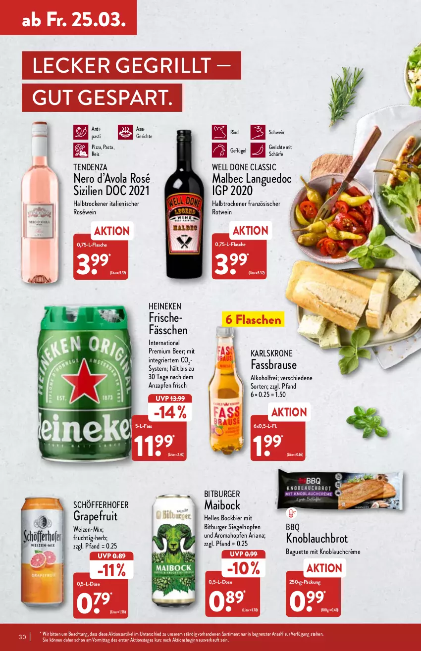 Aktueller Prospekt Aldi Nord - Aldi-Vorschau - von 21.03 bis 26.03.2022 - strona 30 - produkty: alkohol, asti, baguette, bier, bitburger, brause, brot, burger, eis, elle, fassbrause, flasche, frucht, Geflügel, gin, grapefruit, grill, heineken, knoblauch, krone, mit knoblauch, nero, pasta, pizza, reis, Ria, rind, roséwein, rotwein, schöfferhofer, schwein, Ti, wein, ZTE