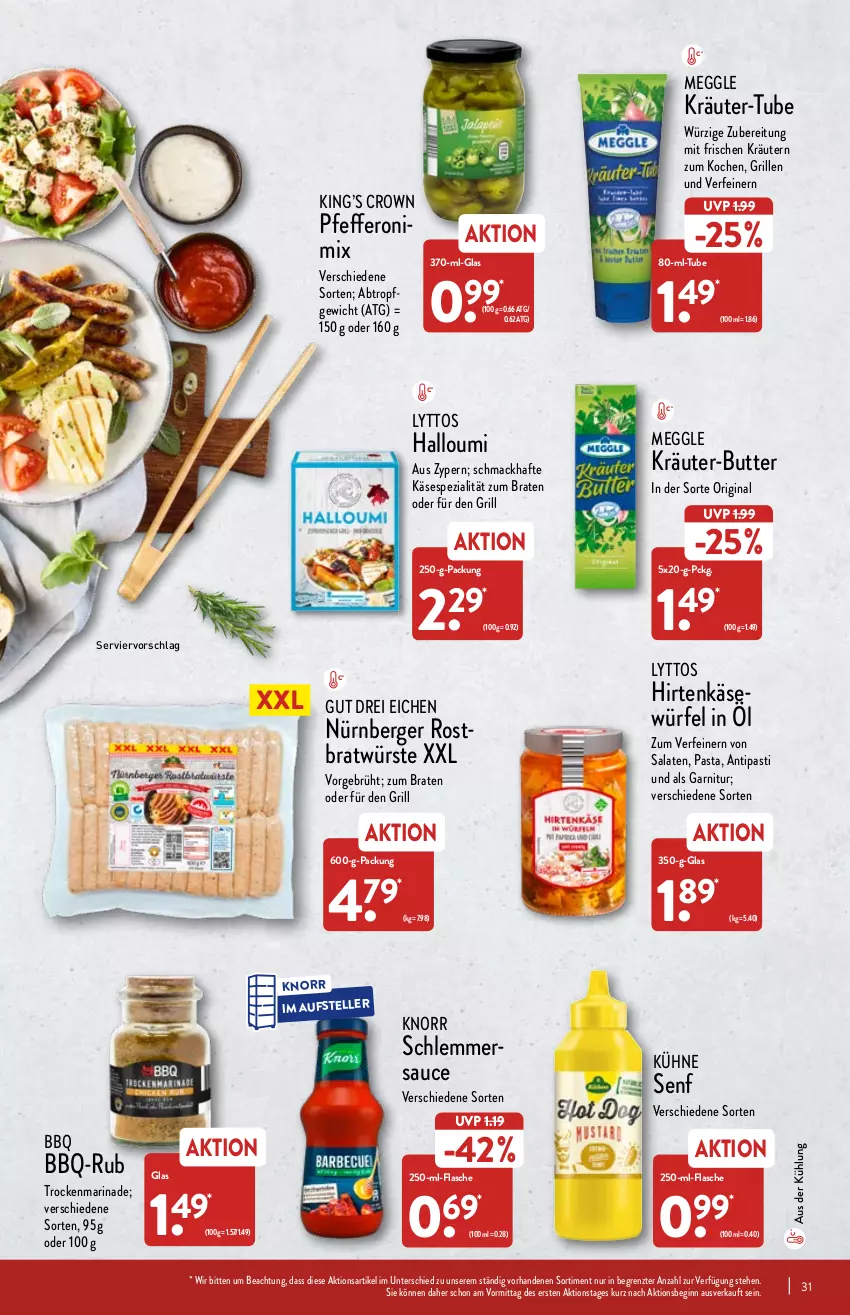 Aktueller Prospekt Aldi Nord - Aldi-Vorschau - von 21.03 bis 26.03.2022 - strona 31 - produkty: antipasti, asti, Berger, braten, butter, elle, flasche, garnitur, gin, grill, Halloumi, hirtenkäse, Käse, knorr, kräuter, kräuter-butter, kräutern, Kühne, kühne senf, mac, marinade, meggle, nürnberger, pasta, pfeffer, Pfefferoni, salat, salate, sauce, schlemmersauce, senf, Spezi, teller, Ti, würfel, ZTE