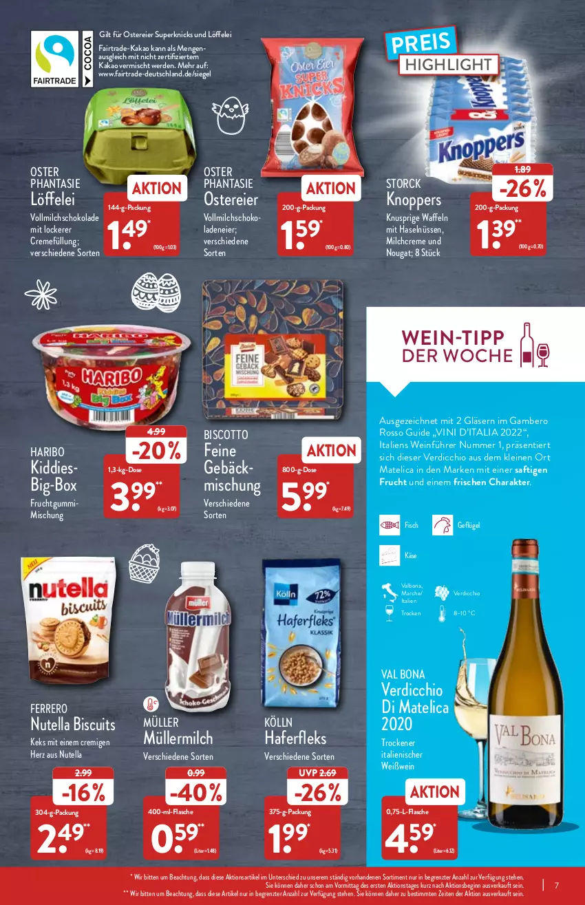 Aktueller Prospekt Aldi Nord - Aldi-Vorschau - von 21.03 bis 26.03.2022 - strona 7 - produkty: Amber, biscotto, Bona, creme, eier, eis, erde, ferrero, fisch, flasche, frucht, fruchtgummi, Geflügel, gin, Gläser, hafer, haferfleks, haribo, kakao, Käse, keks, knoppers, kölln, leine, Löffel, milch, Müller, müllermilch, nutella, reis, saft, schoko, schokolade, schokoladen, storck, Ti, vollmilch, waffeln, wein, Weißwein, ZTE