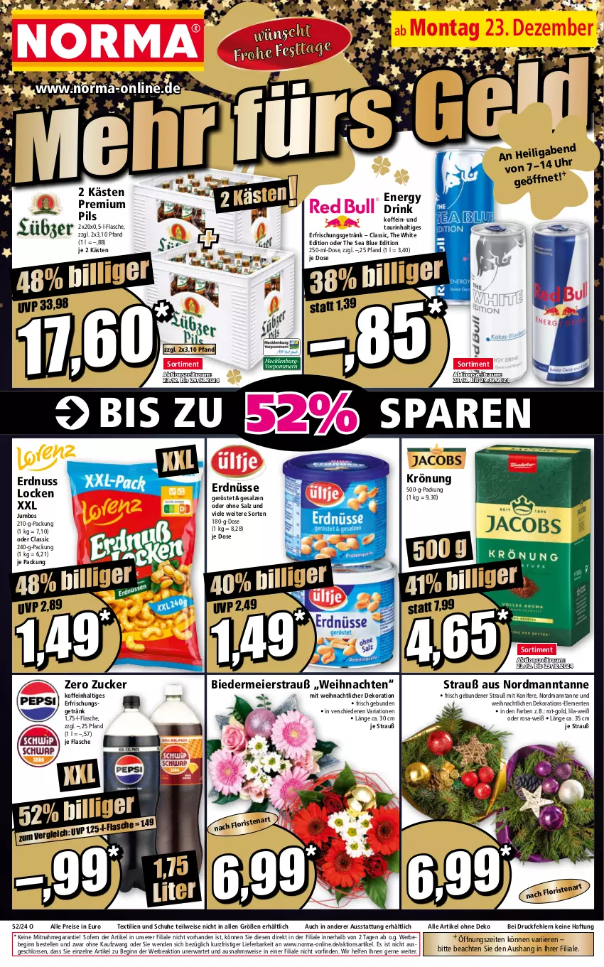 Aktueller Prospekt Norma - Norma - von 23.12 bis 30.12.2024 - strona 1 - produkty: Bebe, dekoration, drink, eier, eis, elle, energy drink, ente, erdnuss, erdnüsse, erfrischungsgetränk, flasche, getränk, gin, jumbo, Konifere, nuss, pils, premium pils, reis, Ria, salz, schuhe, Ti, uhr, weihnachten, zucker