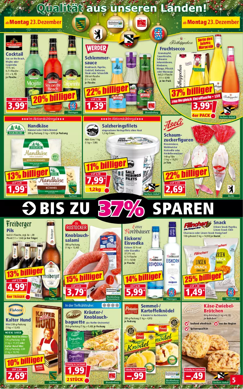 Aktueller Prospekt Norma - Norma - von 23.12 bis 30.12.2024 - strona 5 - produkty: apfel, auer, baguette, barbecue, beere, beutel, brötchen, caipirinha, chili, cocktail, ecco, eimer, eis, erbsen, filet, filets, flasche, frucht, fruchtsecco, grana, granatapfel, hering, Herings, heringsfilets, himbeer, himbeere, honig, Honig-Senf, johannisbeere, kartoffel, Kartoffelknödel, Käse, kirsch, kirsche, knoblauch, Knoblauchbaguette, Knoblauchsalami, Knödel, kochbeutel, korn, kräuter, kühlregal, Laufen, LG, linsen, Linsen Snack, mango, maracuja, Meister, mojito, ndk, Ofen, paprika, pfirsich, pils, Rana, regal, ring, salami, salz, sauce, Schaumzucker, schlemmersauce, Semmel, senf, snack, spitzenqualität, steak, Ti, Tüte, vodka, waldmeister, zucker, zwiebel