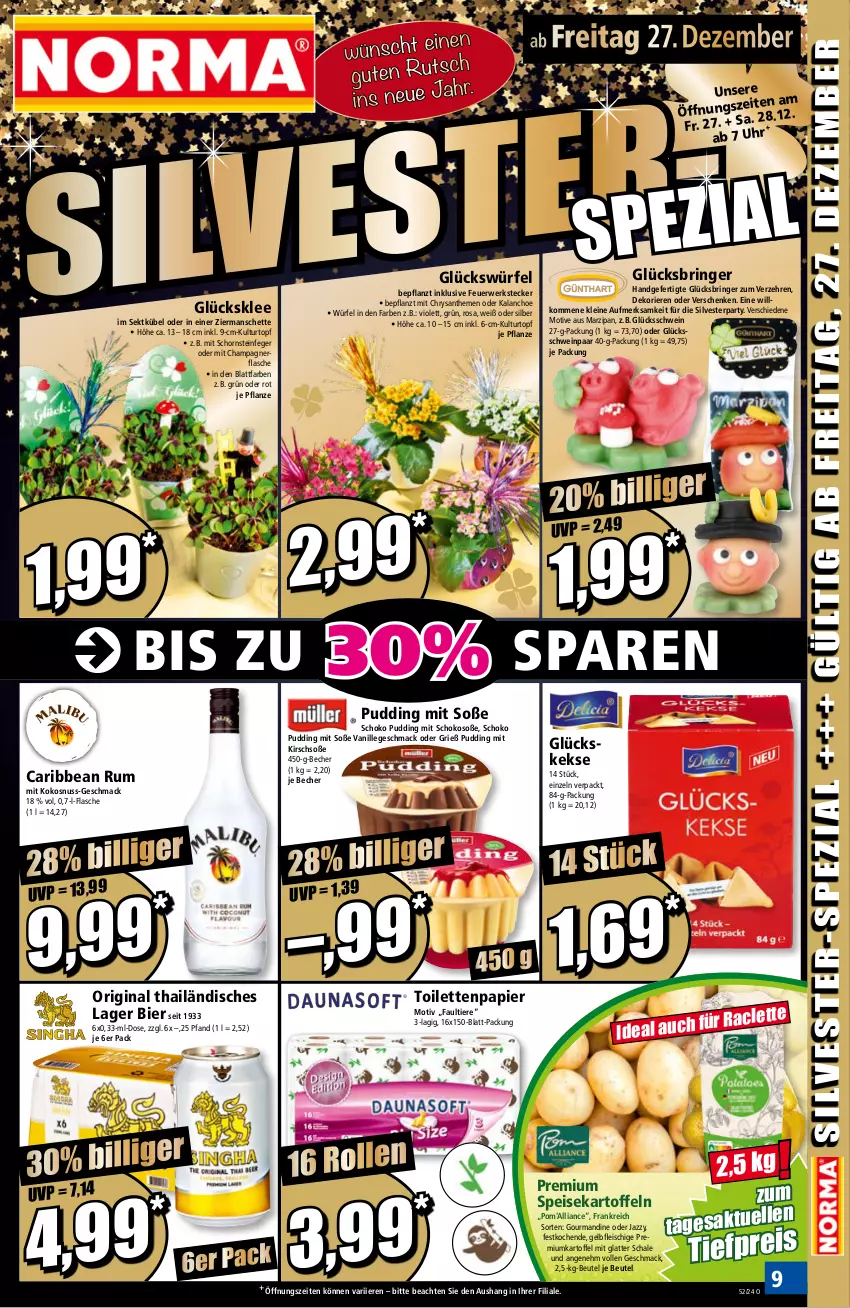 Aktueller Prospekt Norma - Norma - von 23.12 bis 30.12.2024 - strona 9 - produkty: Becher, beutel, bier, champagne, champagner, chrysanthemen, eis, flasche, fleisch, gin, glücksklee, Kalanchoe, kartoffel, kartoffeln, keks, kekse, kirsch, kokos, kokosnuss, kulturtopf, latte, leine, mac, marzipan, nerf, nuss, papier, pflanze, pudding, reis, ring, rum, rwe, Schal, Schale, schoko, Schornsteinfeger, schwein, sekt, Soße, speisekartoffeln, Ti, tiefpreis, Tiere, toilettenpapier, topf, vanille, wein, würfel