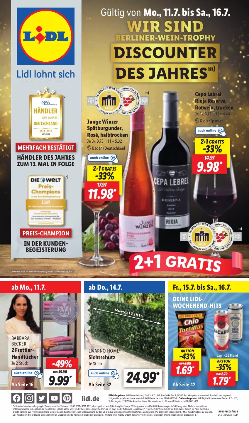 Aktueller Prospekt Lidl - Aktionsprospekt - von 11.07 bis 16.07.2022 - strona 1 - produkty: angebot, angebote, Bad, berliner, bio, burgunder, champion, discount, eis, erde, lebensmittel, LG, Liege, pril, Rauch, reis, rel, rioja, rotwein, spätburgunder, Ti, wein