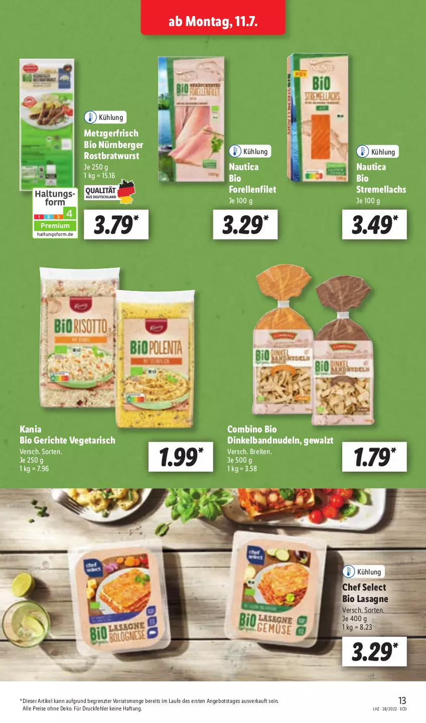 Aktueller Prospekt Lidl - Aktionsprospekt - von 11.07 bis 16.07.2022 - strona 13 - produkty: angebot, Berger, bio, bratwurst, Brei, eis, elle, filet, forelle, lachs, lasagne, nudel, nudeln, nürnberger, reis, rel, rostbratwurst, Ti, Vegeta, wurst, ZTE