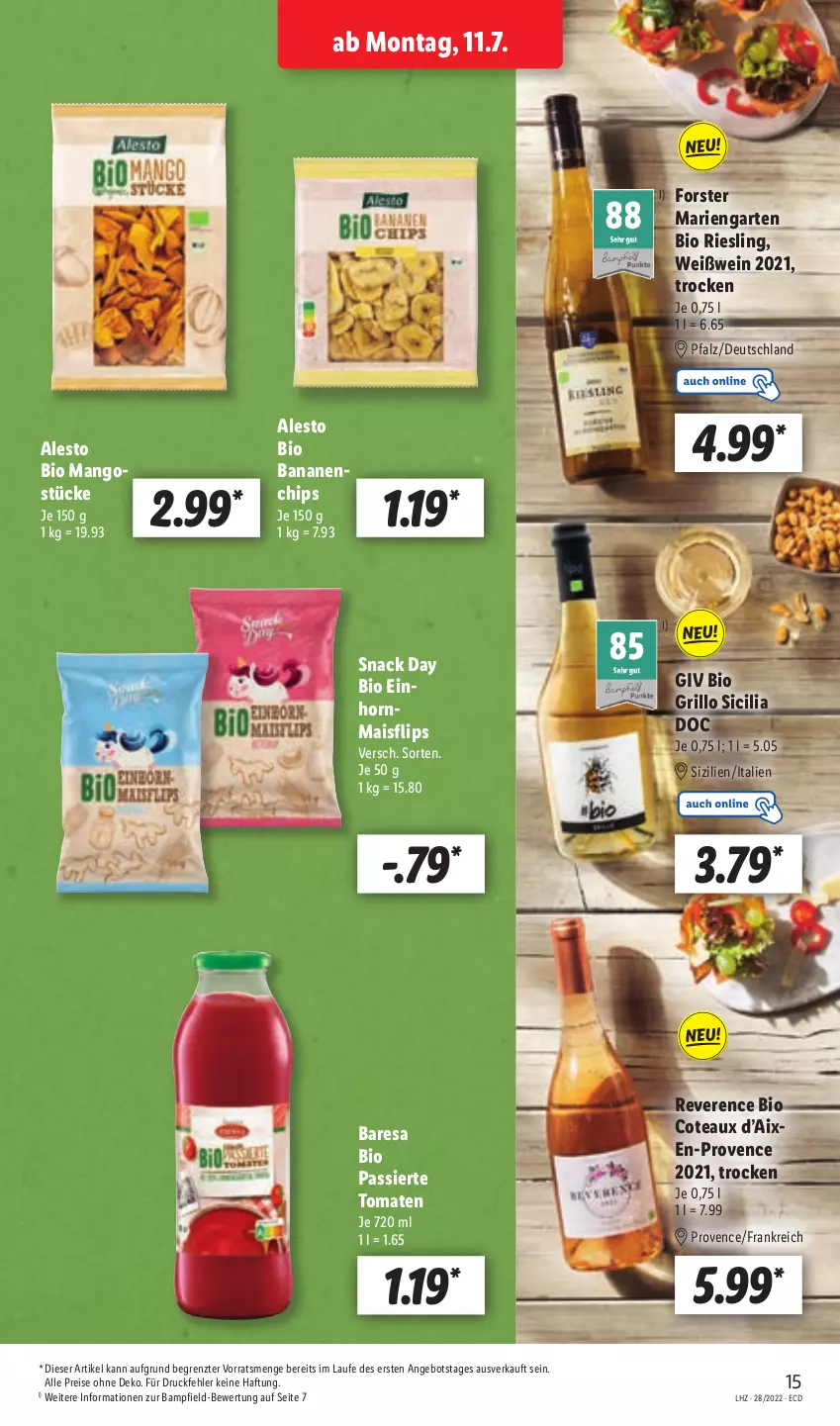 Aktueller Prospekt Lidl - Aktionsprospekt - von 11.07 bis 16.07.2022 - strona 15 - produkty: alesto, angebot, banane, bananen, bio, chips, eis, Garten, grill, grillo, mais, mango, mangos, reis, resa, riesling, snack, Ti, tomate, tomaten, wein, Weißwein, ZTE