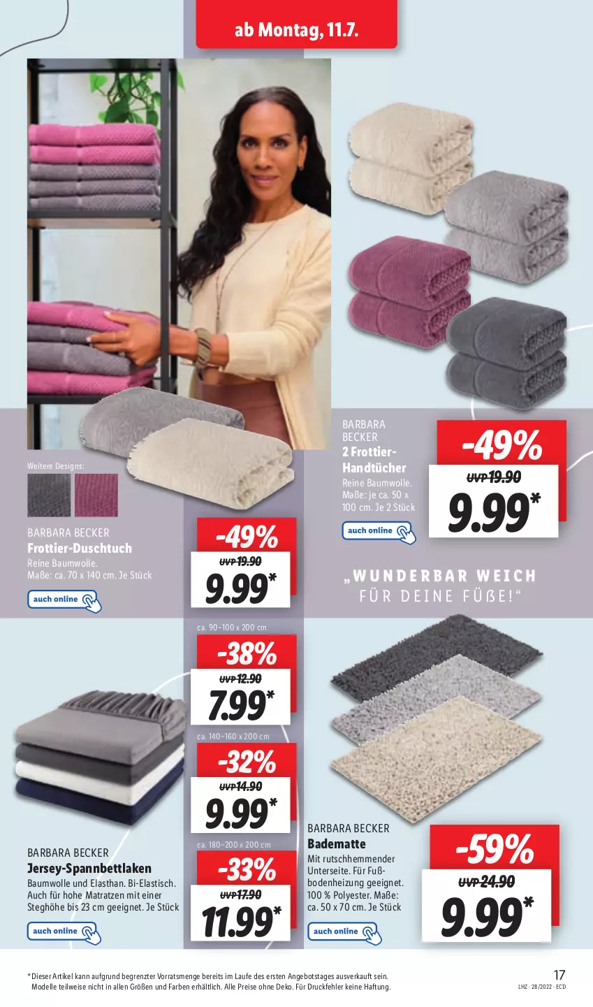 Aktueller Prospekt Lidl - Aktionsprospekt - von 11.07 bis 16.07.2022 - strona 17 - produkty: angebot, asti, Bad, badematte, Bau, baumwolle, bett, dell, duschtuch, eis, elle, matratze, matratzen, Mode, reine baumwolle, reis, spannbettlaken, Ti, tisch, tuc, wolle, ZTE