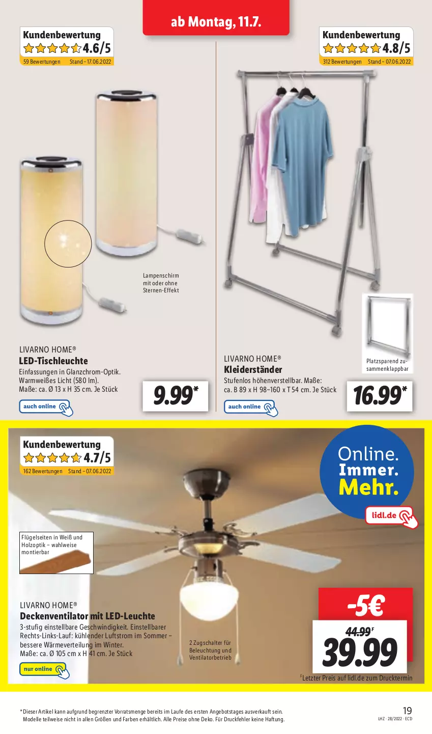 Aktueller Prospekt Lidl - Aktionsprospekt - von 11.07 bis 16.07.2022 - strona 19 - produkty: angebot, beleuchtung, decke, dell, eis, elle, Holz, kleid, kleider, Kleiderständer, Lampe, Lampenschirm, LED-Leuchte, led-tischleuchte, Leuchte, Mode, reis, Schal, Ti, tisch, tischleuchte, ventilator, ZTE