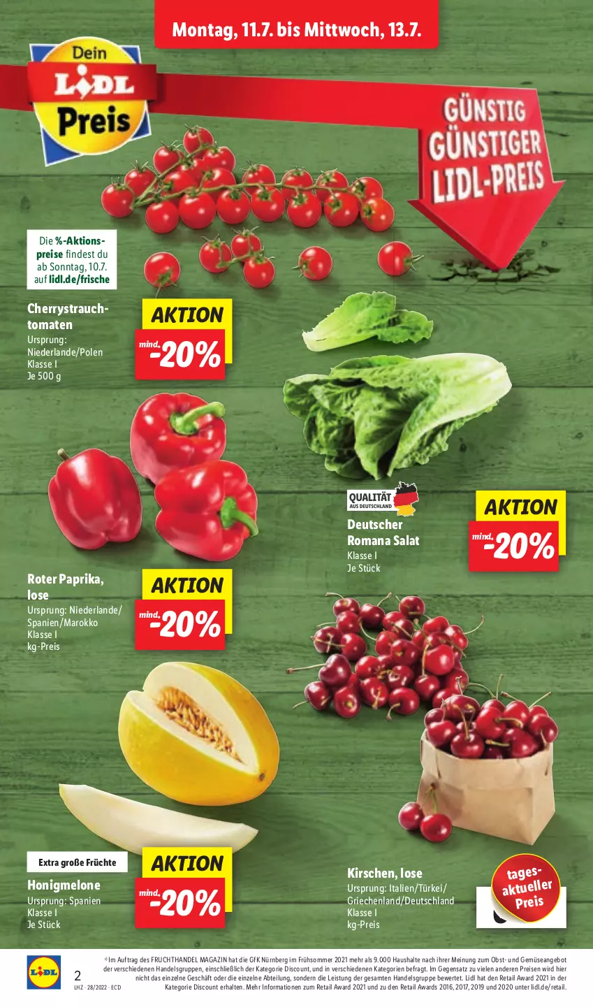 Aktueller Prospekt Lidl - Aktionsprospekt - von 11.07 bis 16.07.2022 - strona 2 - produkty: Abtei, angebot, discount, eis, elle, frucht, früchte, honig, honigmelone, kirsch, kirsche, kirschen, magazin, melone, obst, paprika, Rauch, reis, salat, Ti, tomate, tomaten, und gemüse