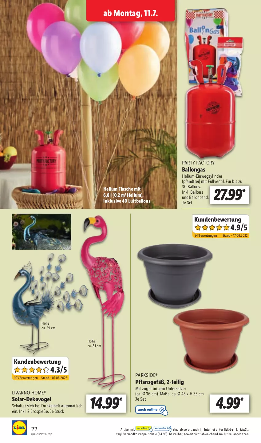 Aktueller Prospekt Lidl - Aktionsprospekt - von 11.07 bis 16.07.2022 - strona 22 - produkty: auto, ball, flasche, Luftballon, ndk, Parkside, Schal, Schale, Ti, tisch, Untersetzer